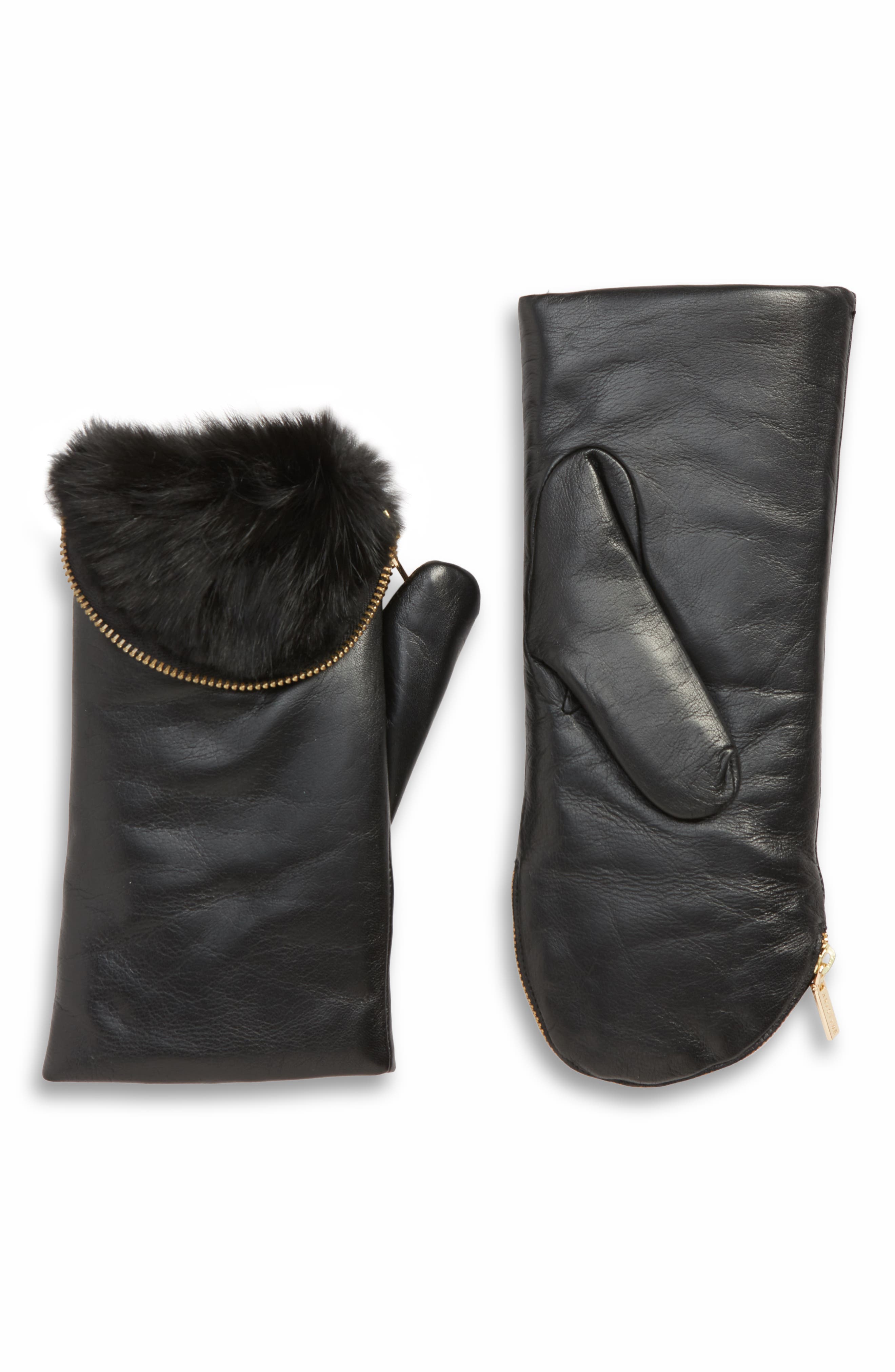 Aristide Genuine Rabbit Fur Lined Lambskin Leather Zip Mittens