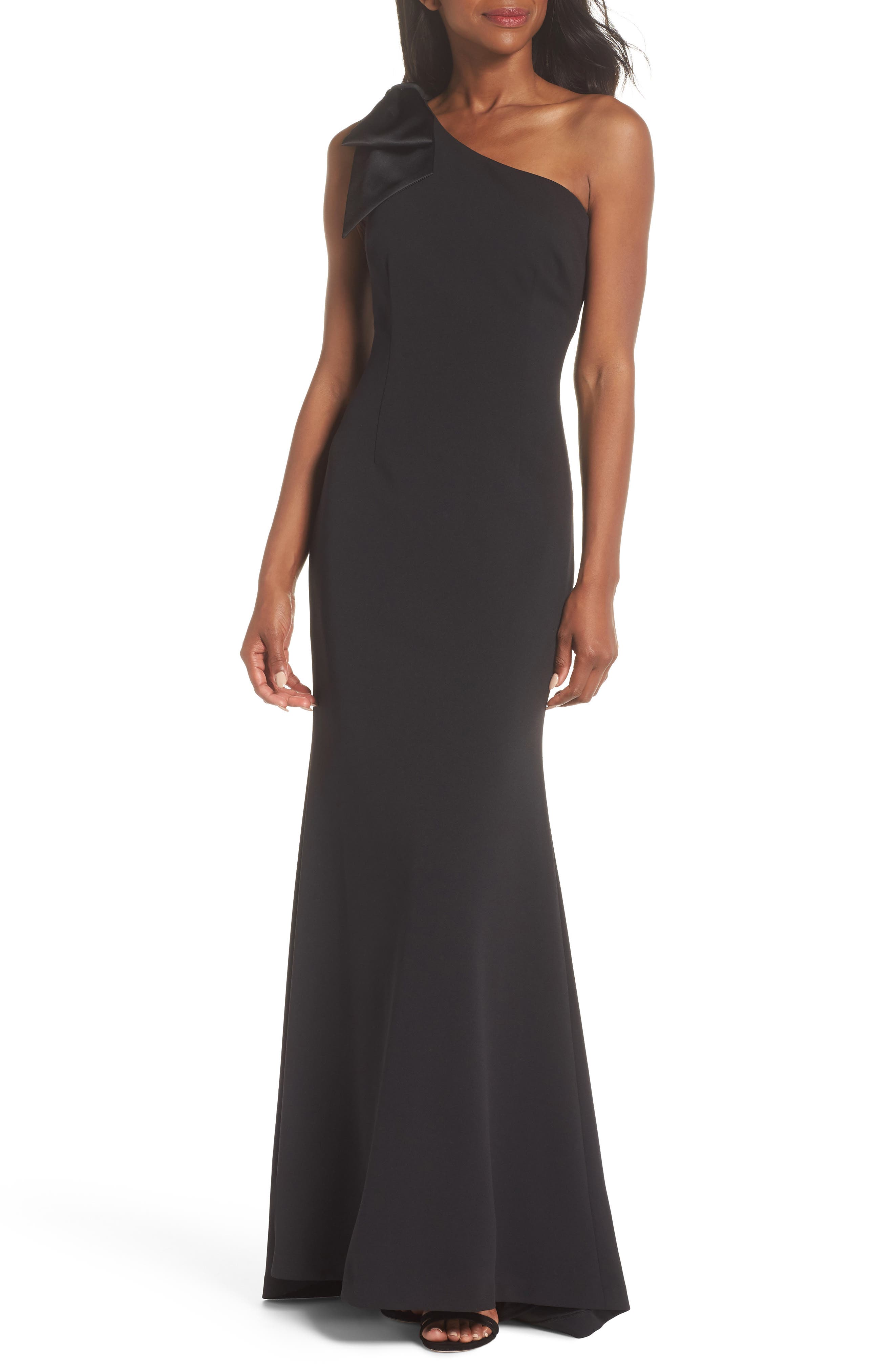 Eliza J One-Shoulder A-Line Gown, Black