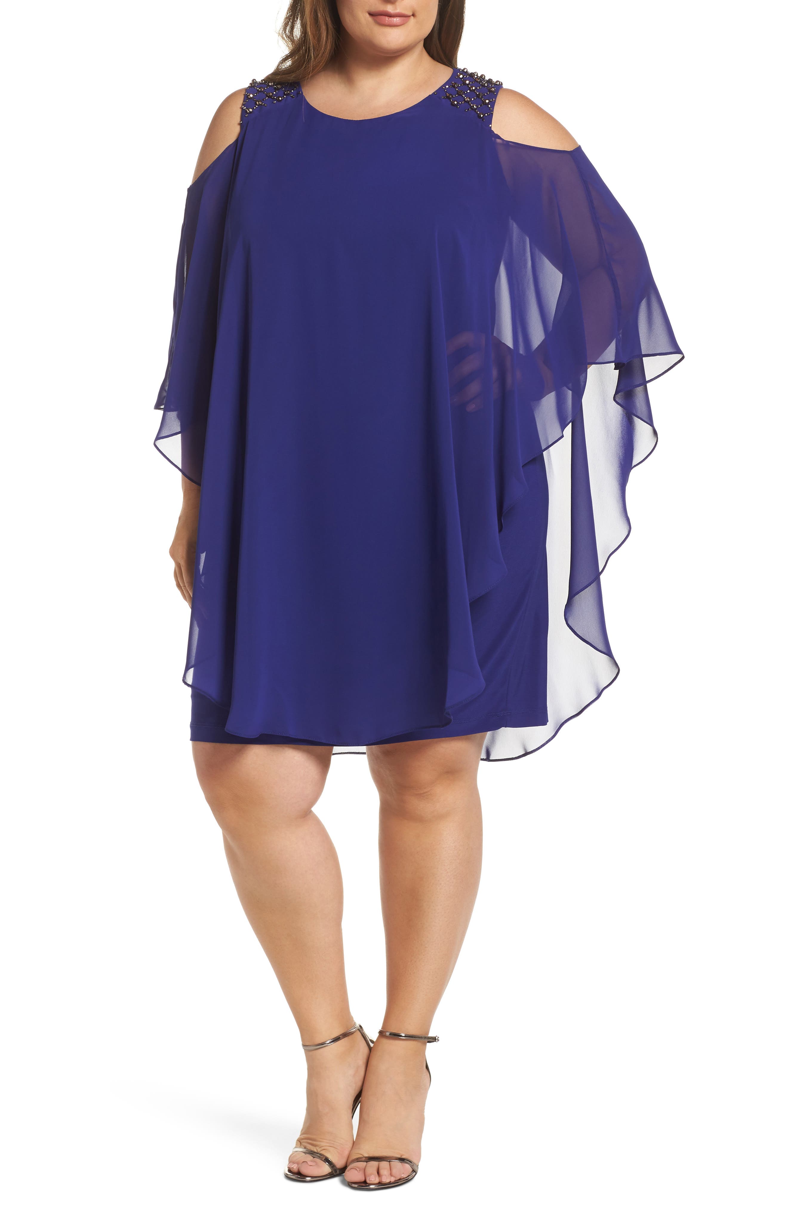 Plus Size Xscape Cold Shoulder Chiffon Overlay Cocktail Shift Dress, Blue
