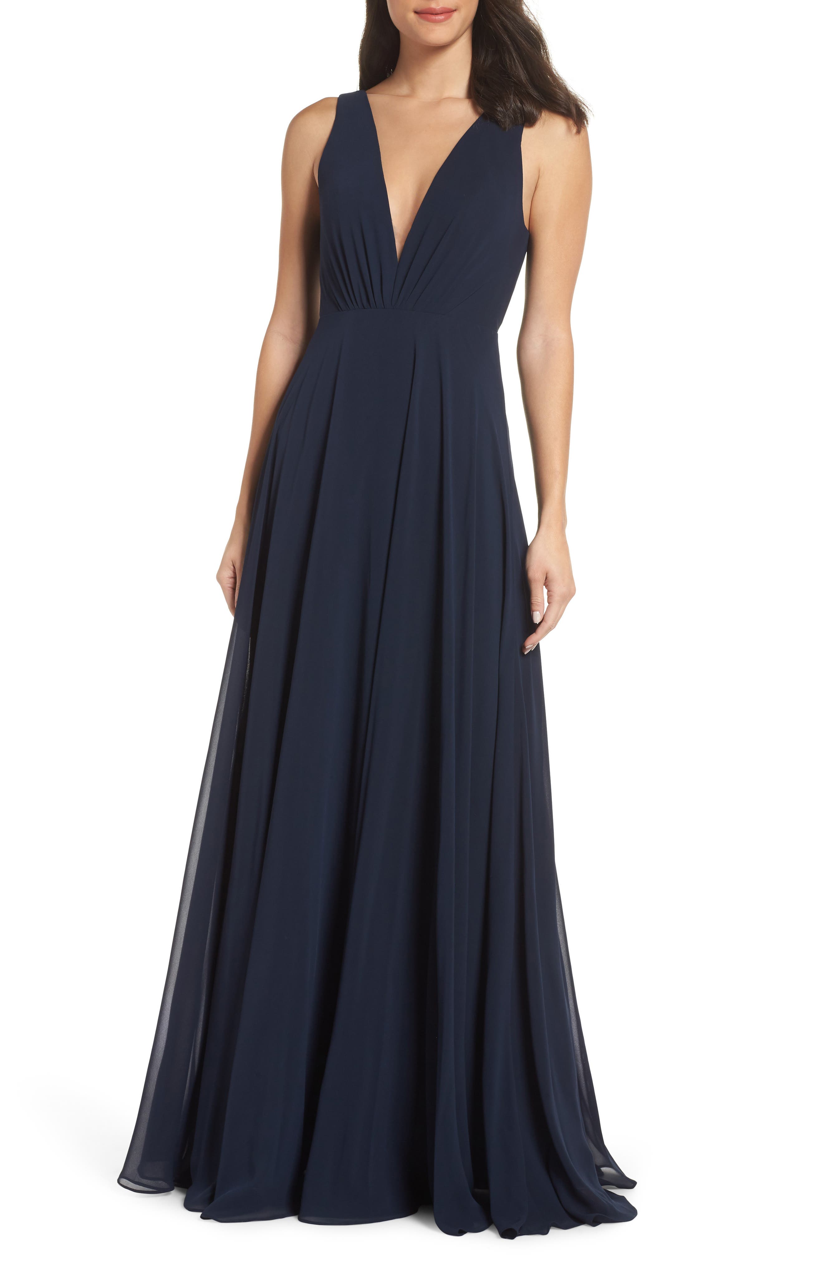 Jenny Yoo Ryan Illusion Neck Chiffon Gown, Blue