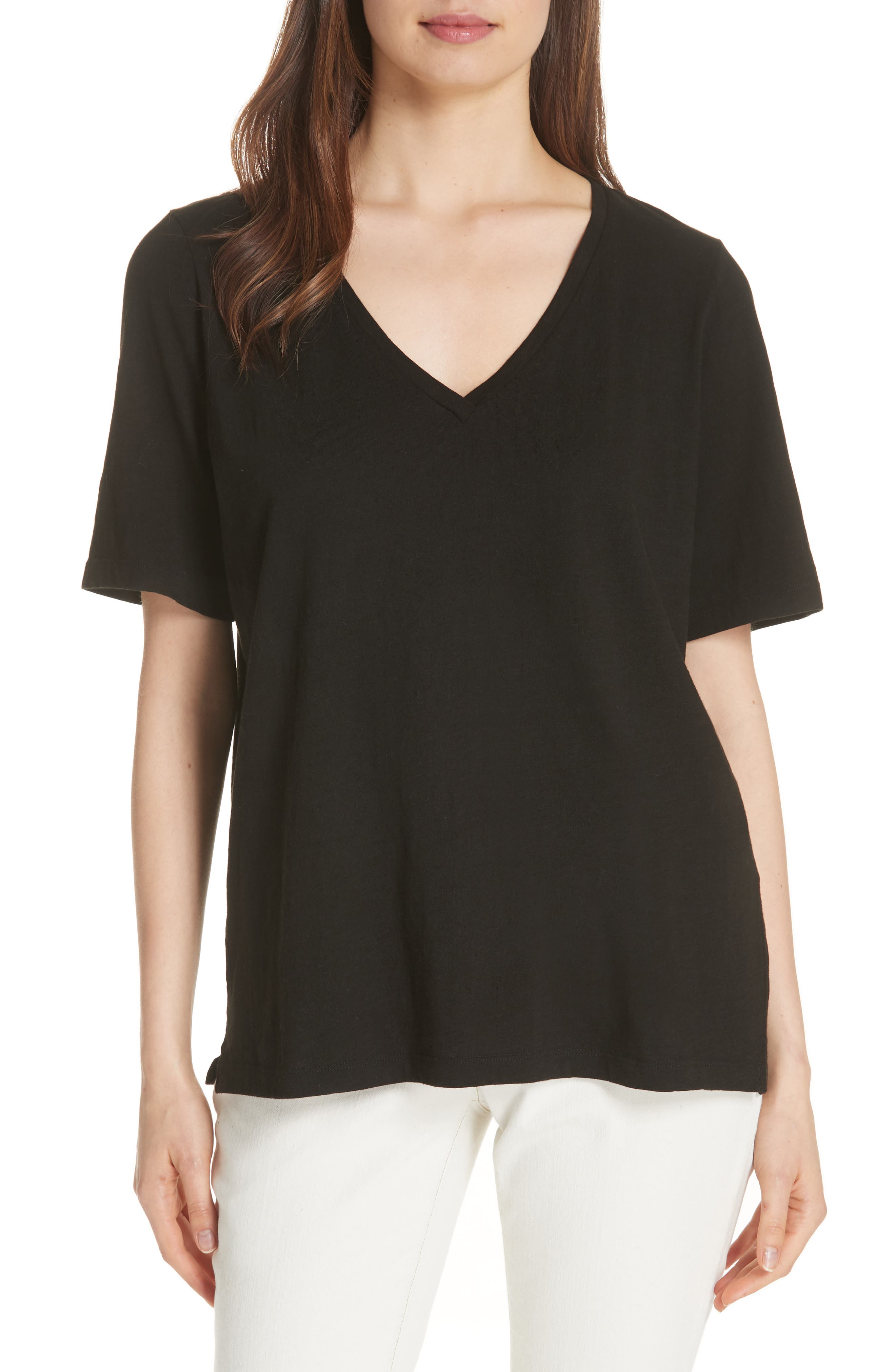 Petite Eileen Fisher V-Neck Organic Cotton Tee, Black
