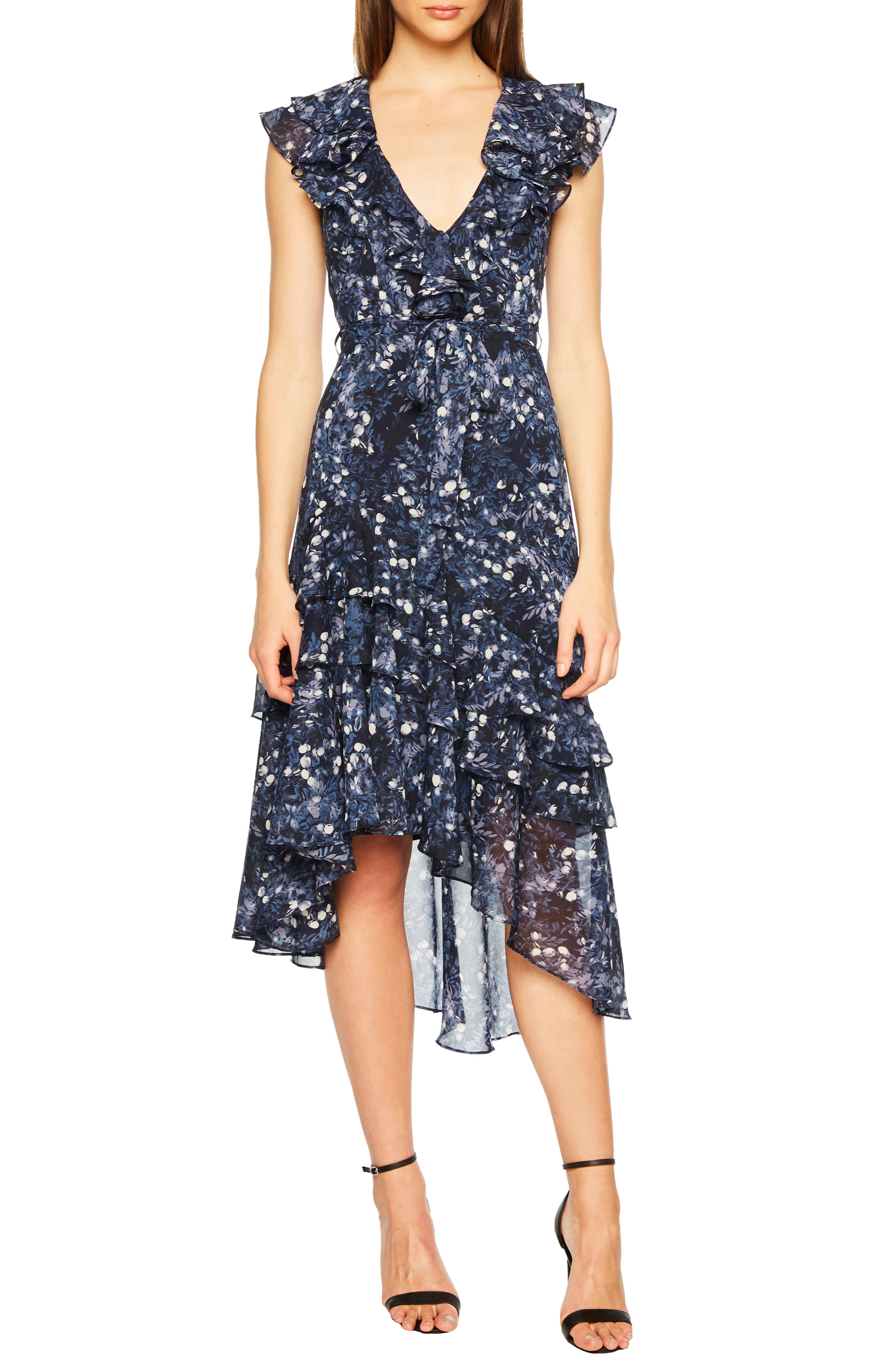 Bardot Romance Asymmetrical Frill Dress, Blue