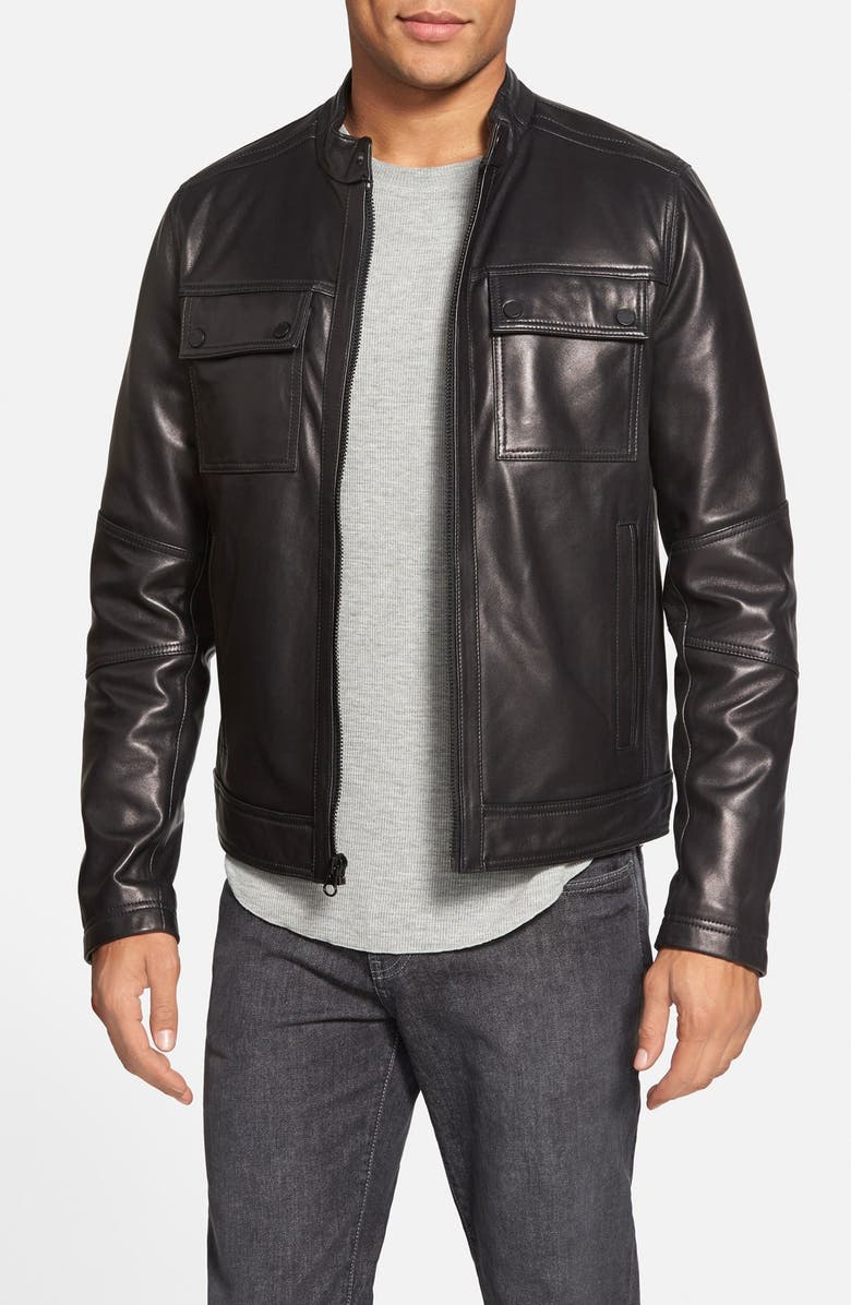 Black Rivet Band Collar Leather Moto Jacket (Online Only) | Nordstrom