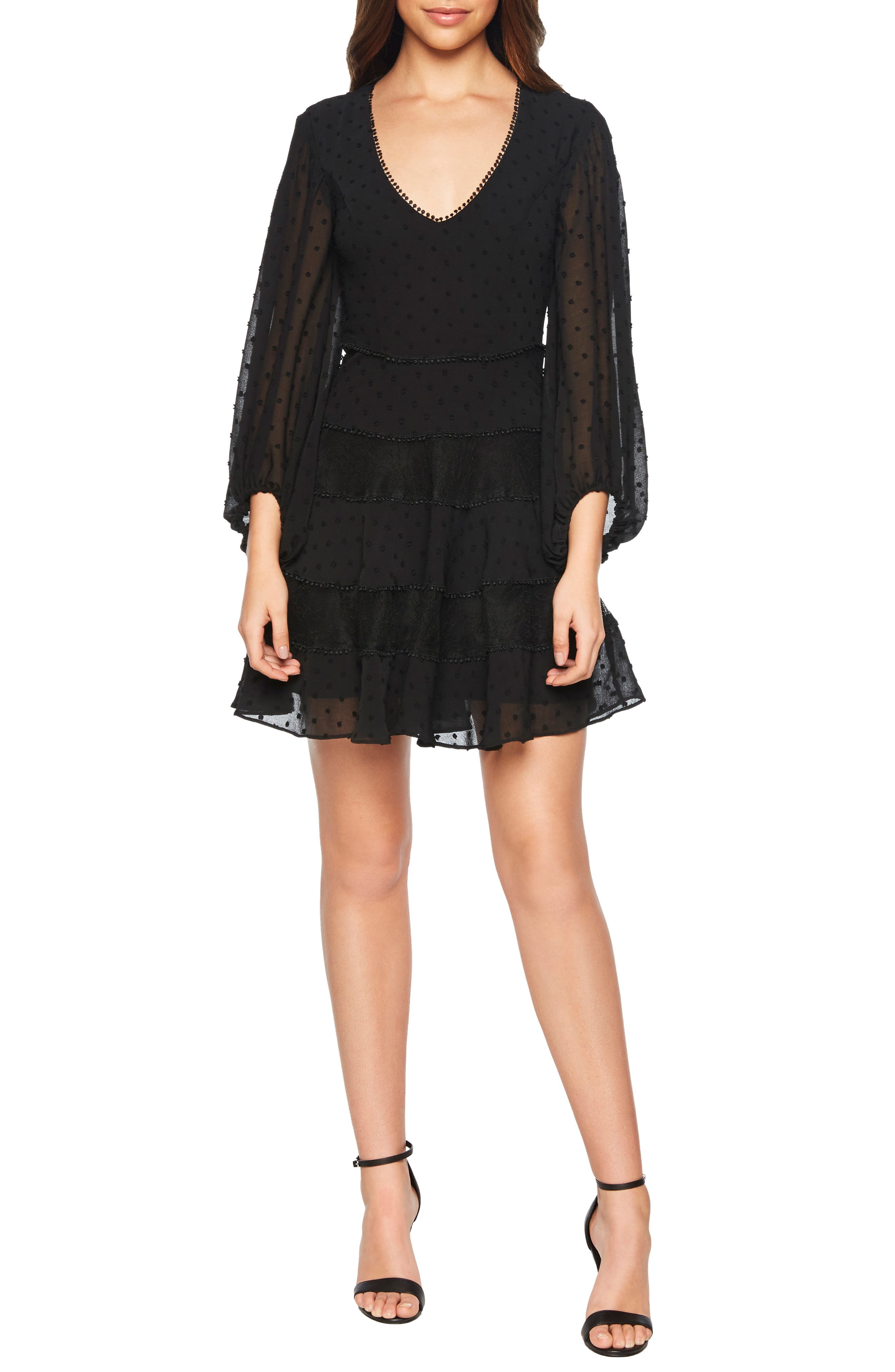 Bardot Mae Lace & Swiss Dot Fit & Flare Minidress, Black