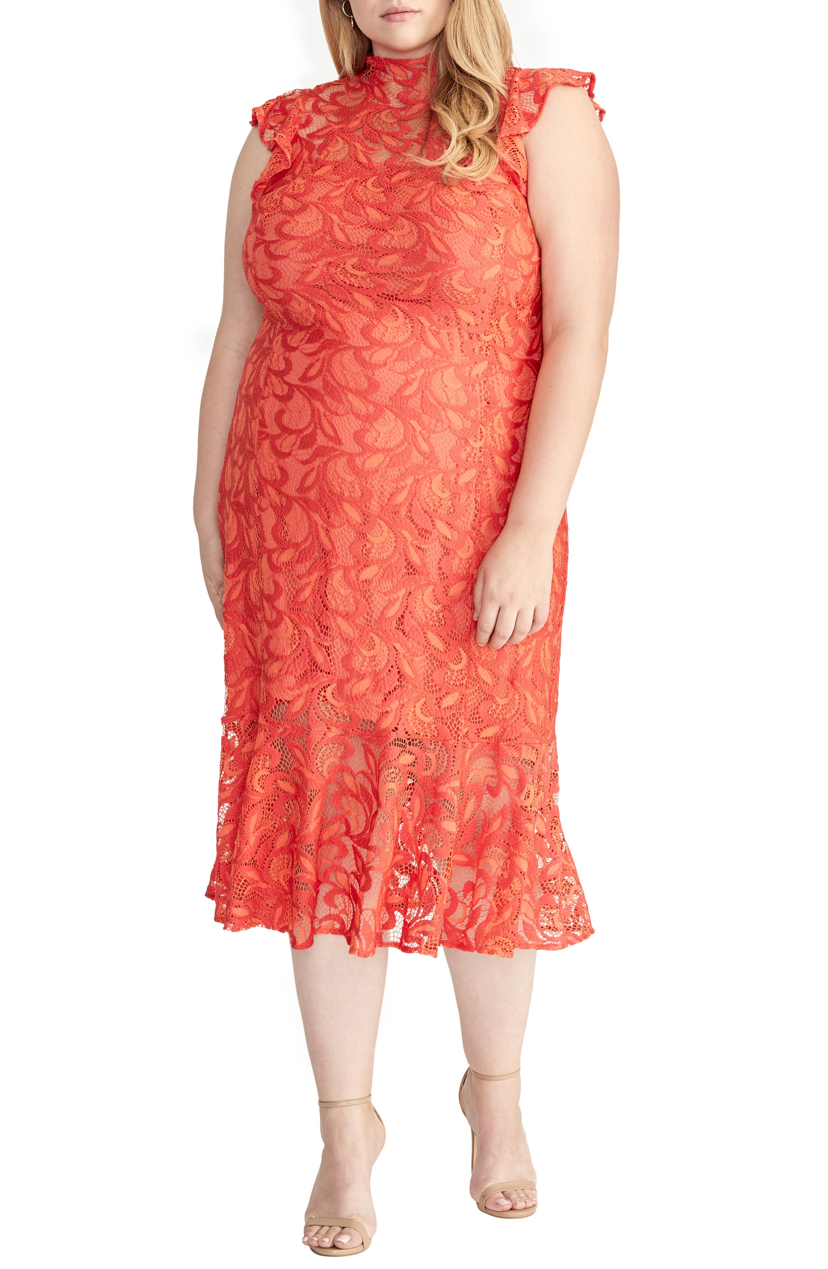 Plus Size Rachel Rachel Roy Flounced Lace Midi Dress, Red