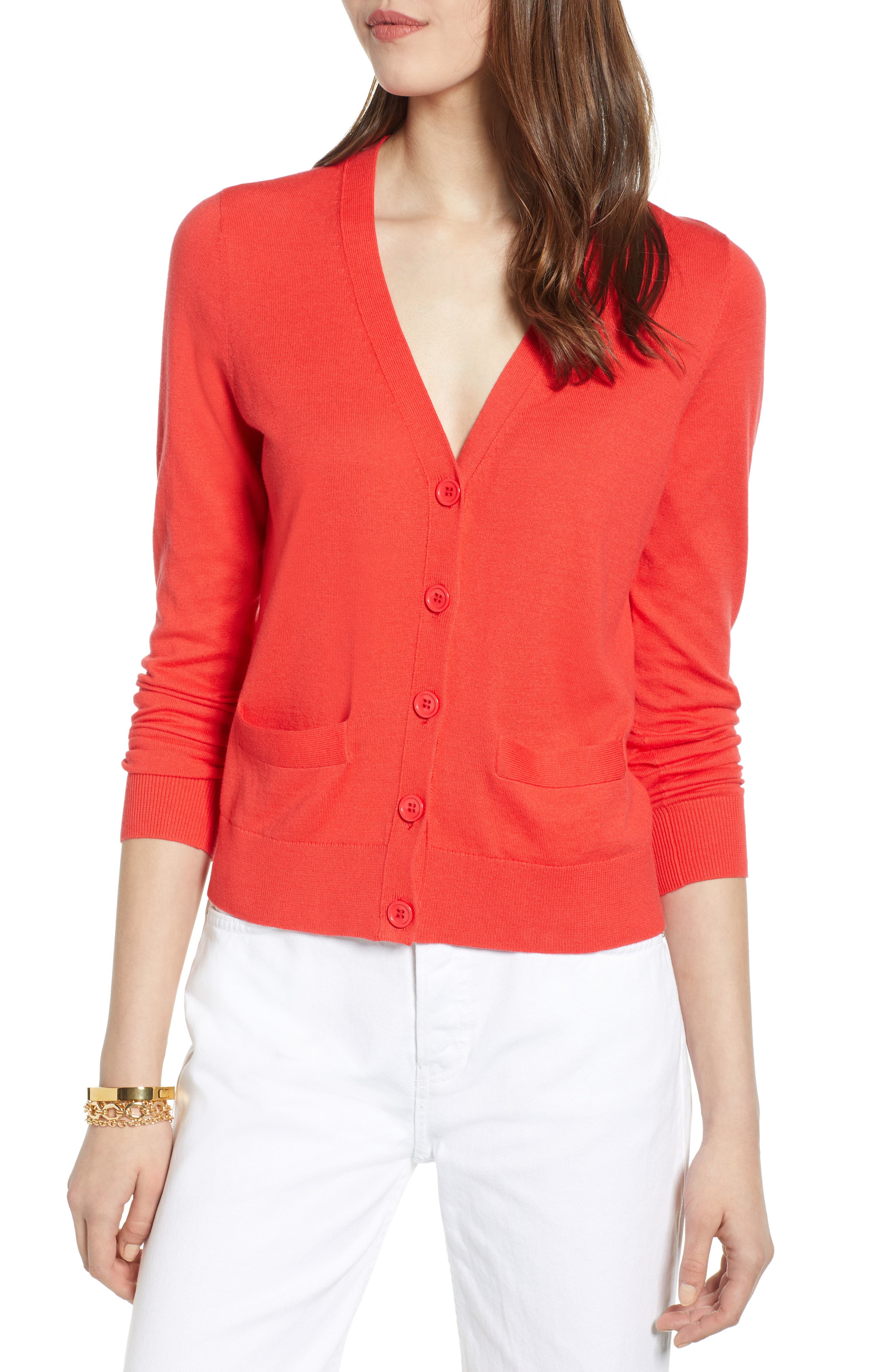Petite Halogen V-Neck Cardigan, Red