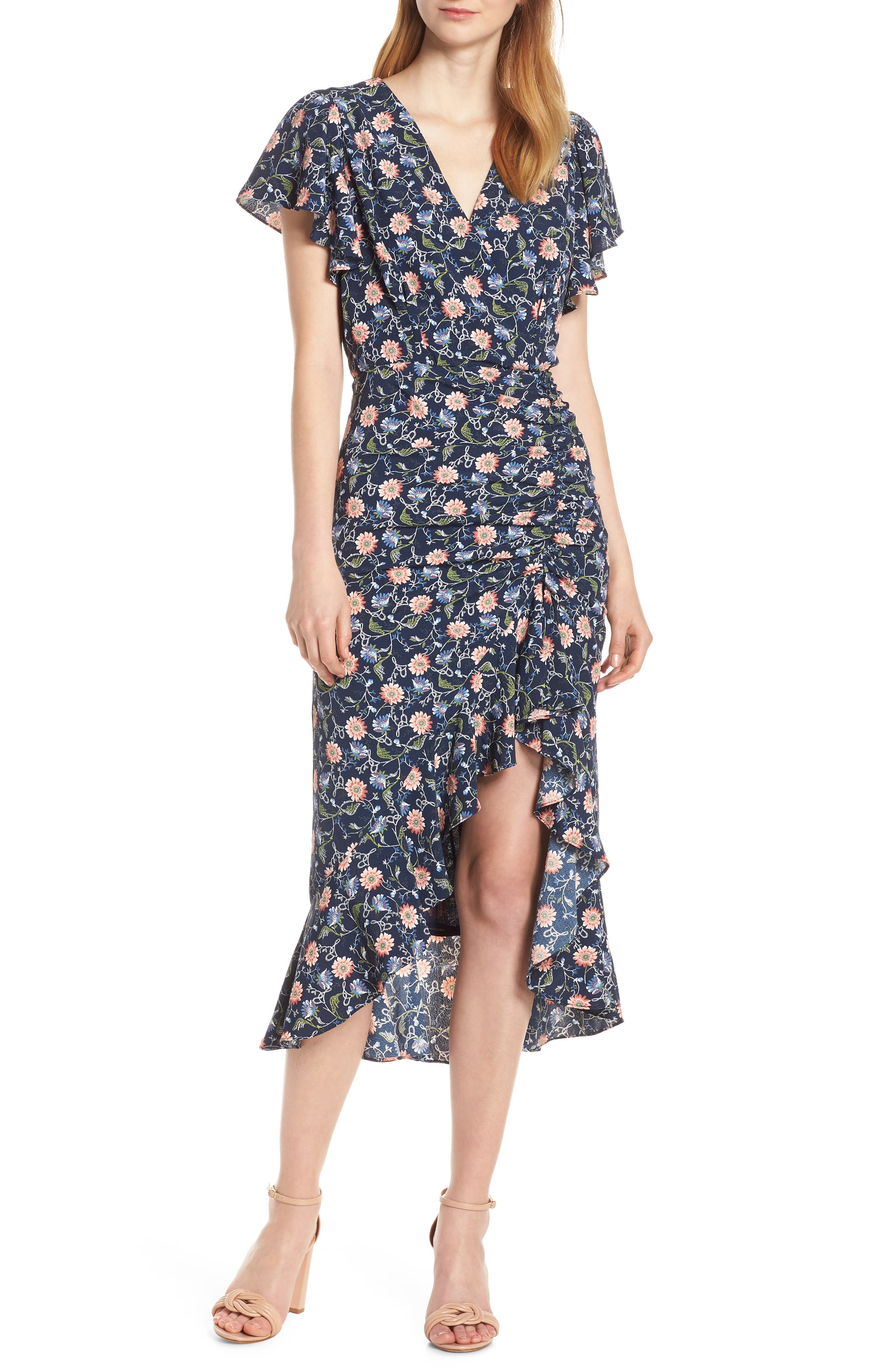 Chelsea28 Ruched Floral Midi Dress, Blue