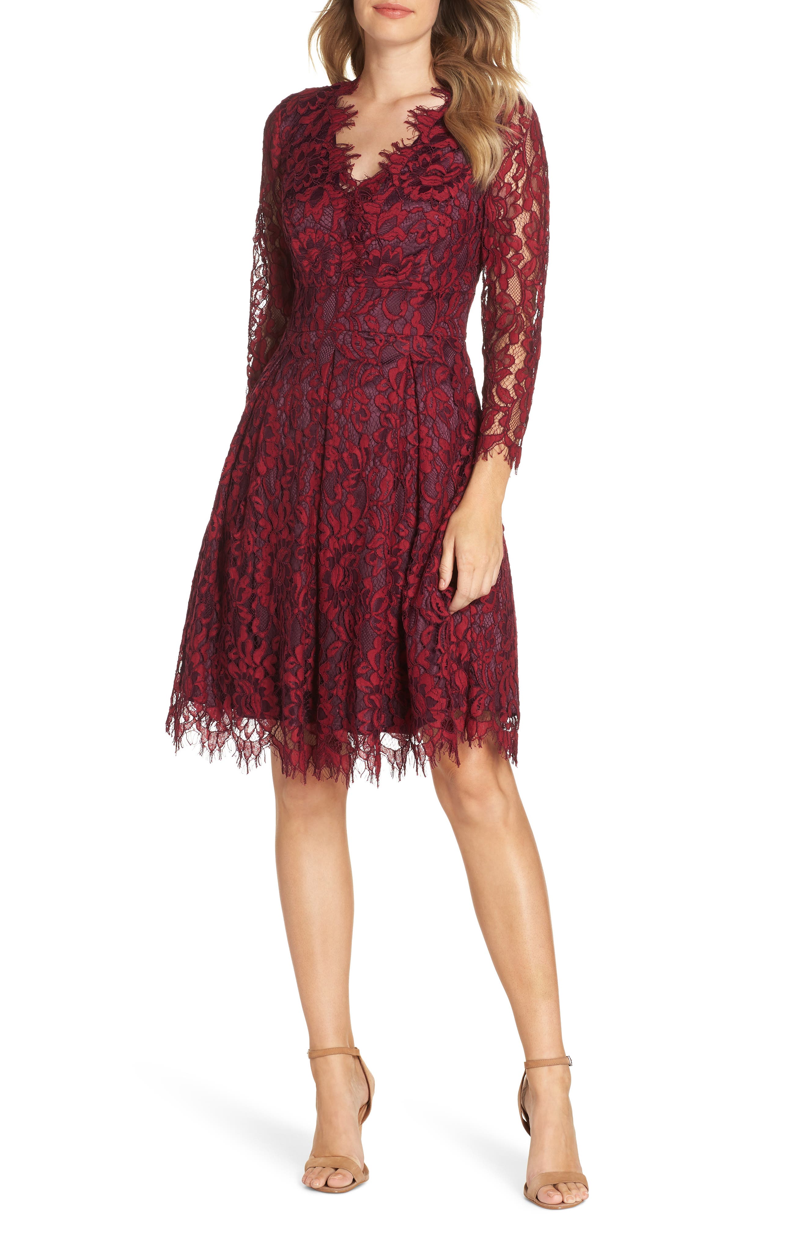 Eliza J Lace V-Neck Fit & Flare Dress, Red