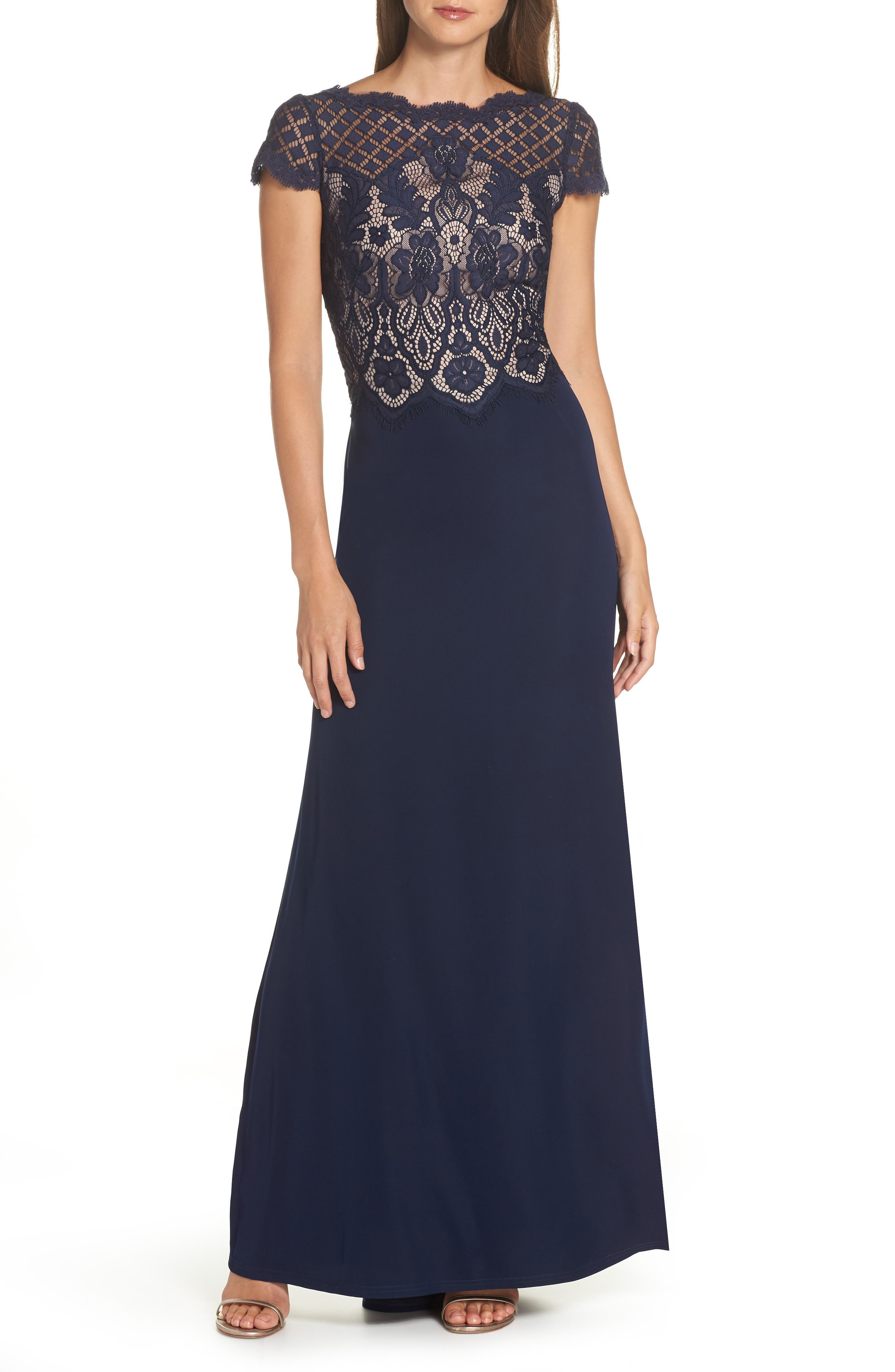 Tadashi Shoji Lace & Crepe A-Line Gown, Blue
