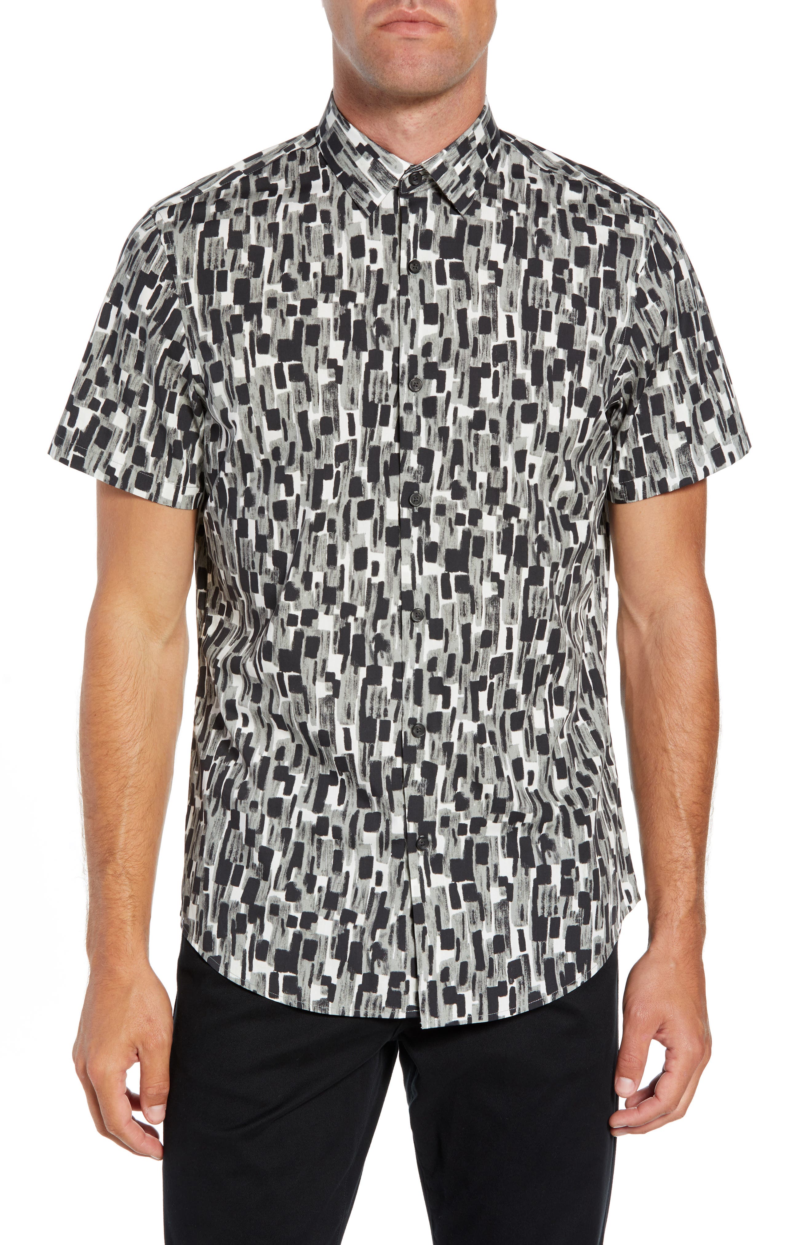 Calibrate Mini Collar Print Sport Shirt, Grey