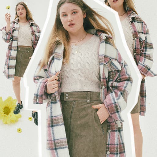 A young woman wearing a plaid shacket.