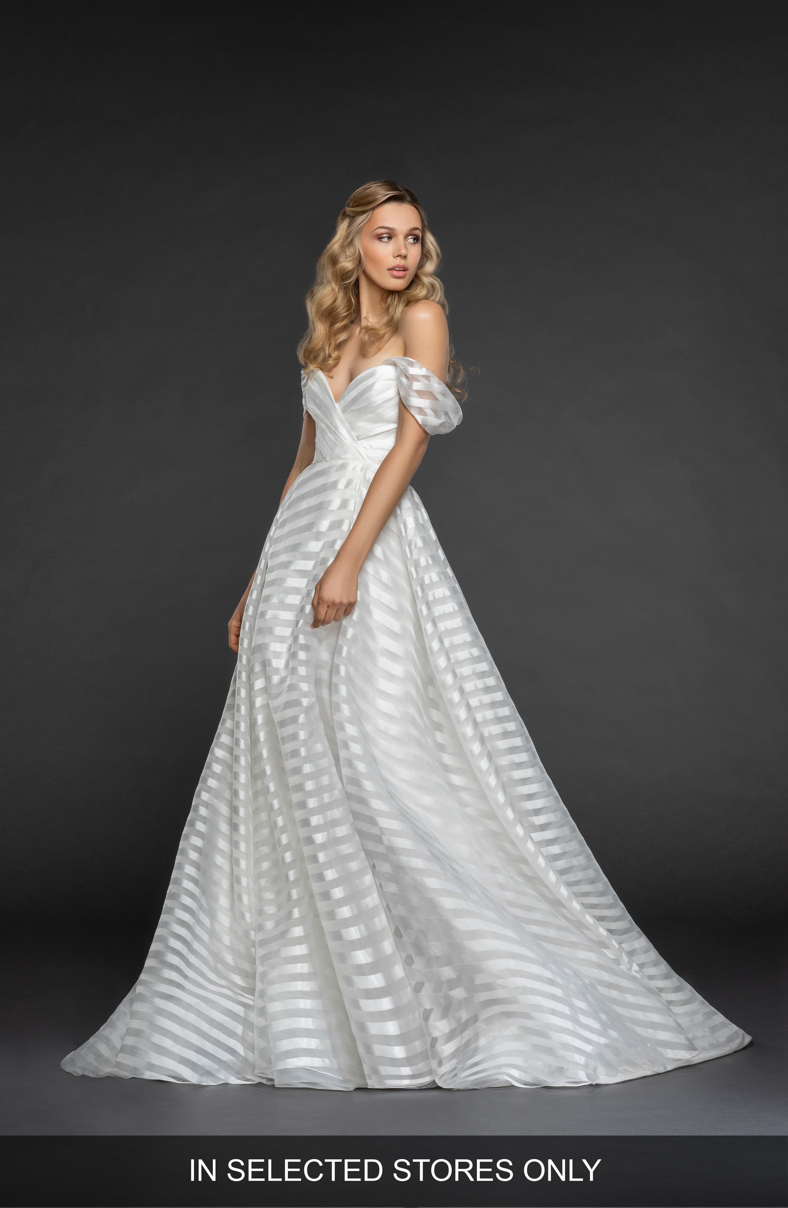 Hayley Paige Harley Stripe Off The Shoulder Organza Gown, Size IN STORE ONLY - Ivory