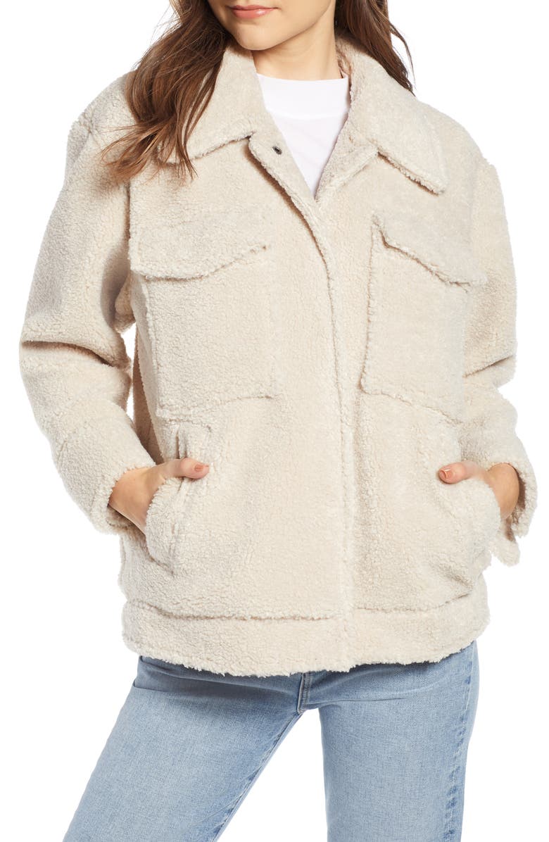 SOMETHING NAVY Faux Shearling Jacket, Main, color, IVORY BIRCH