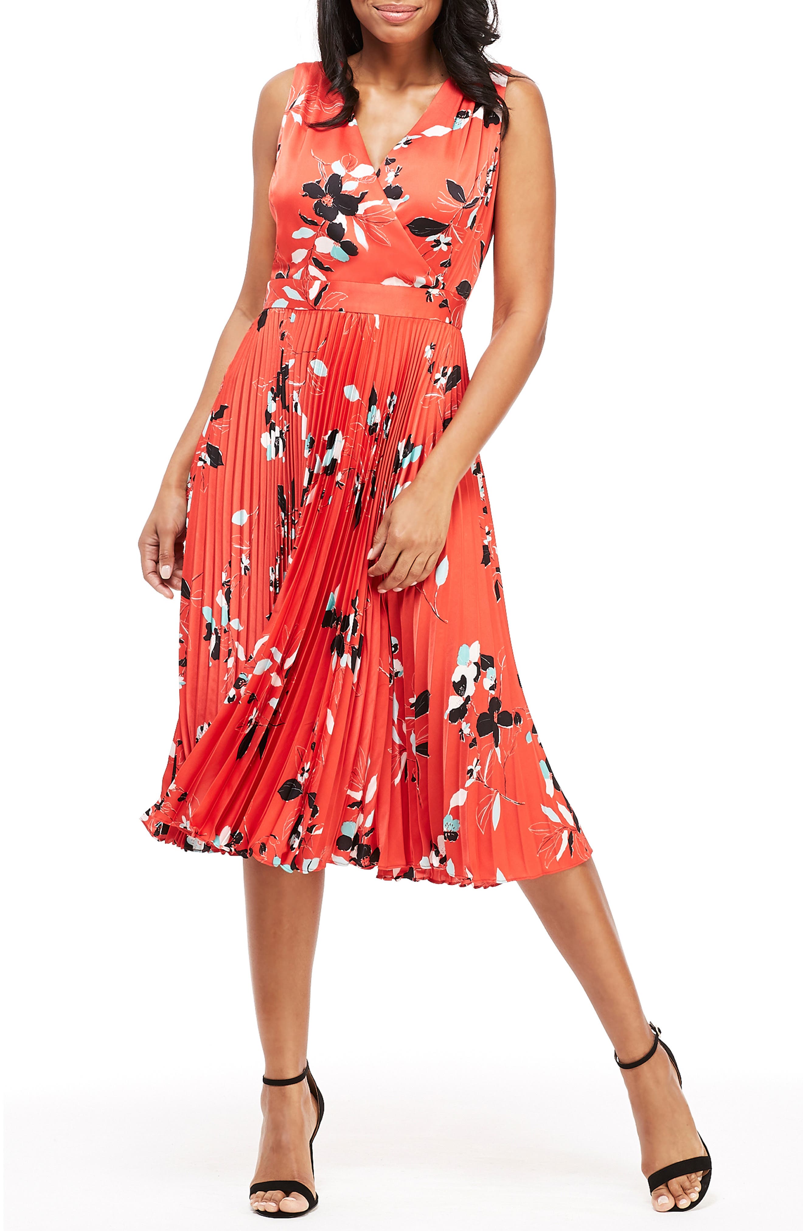 Maggy London Gabby Floral Pleated Dress, Red