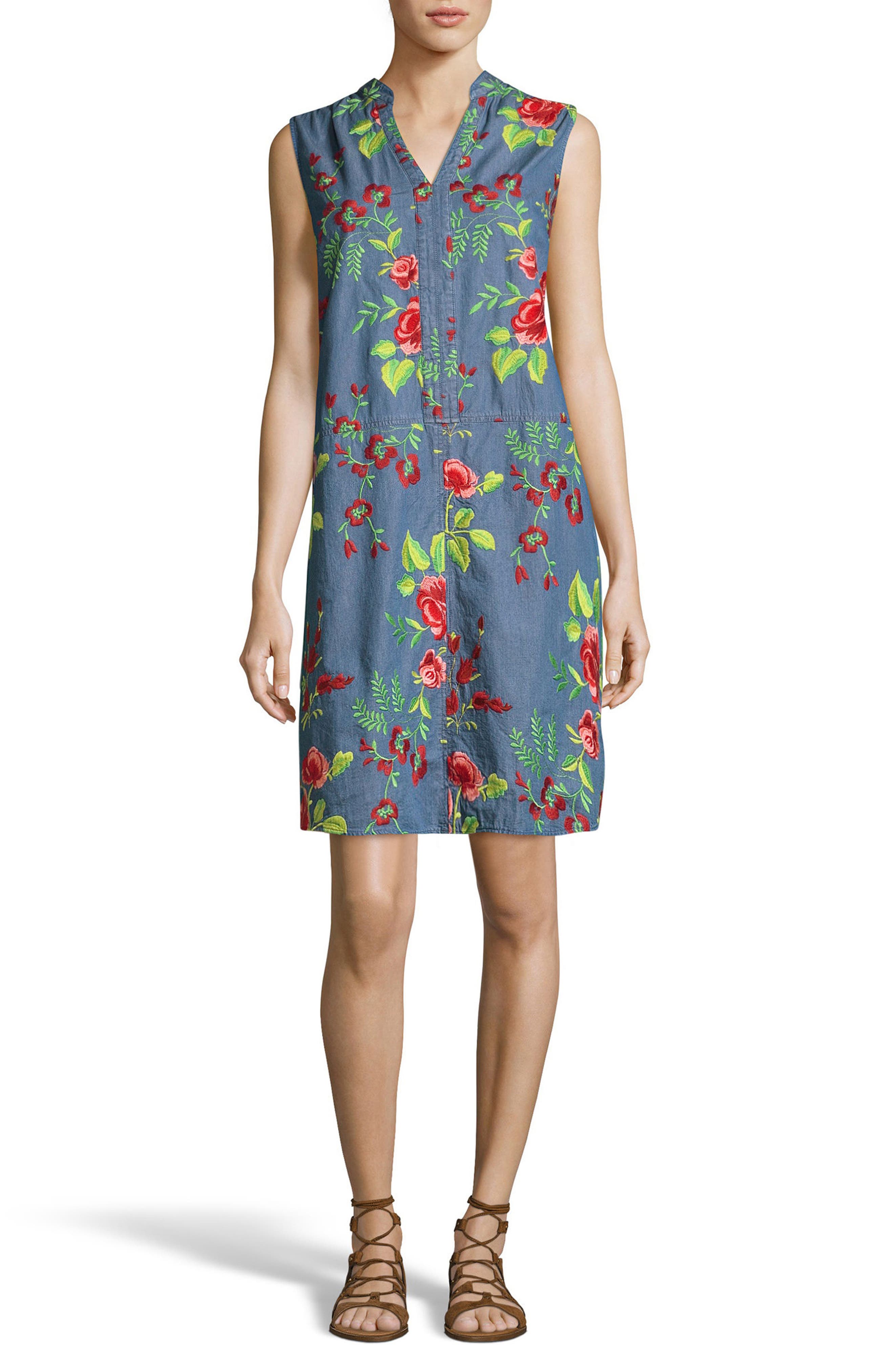 ECI Embroidered Denim Shift Dress Nordstrom