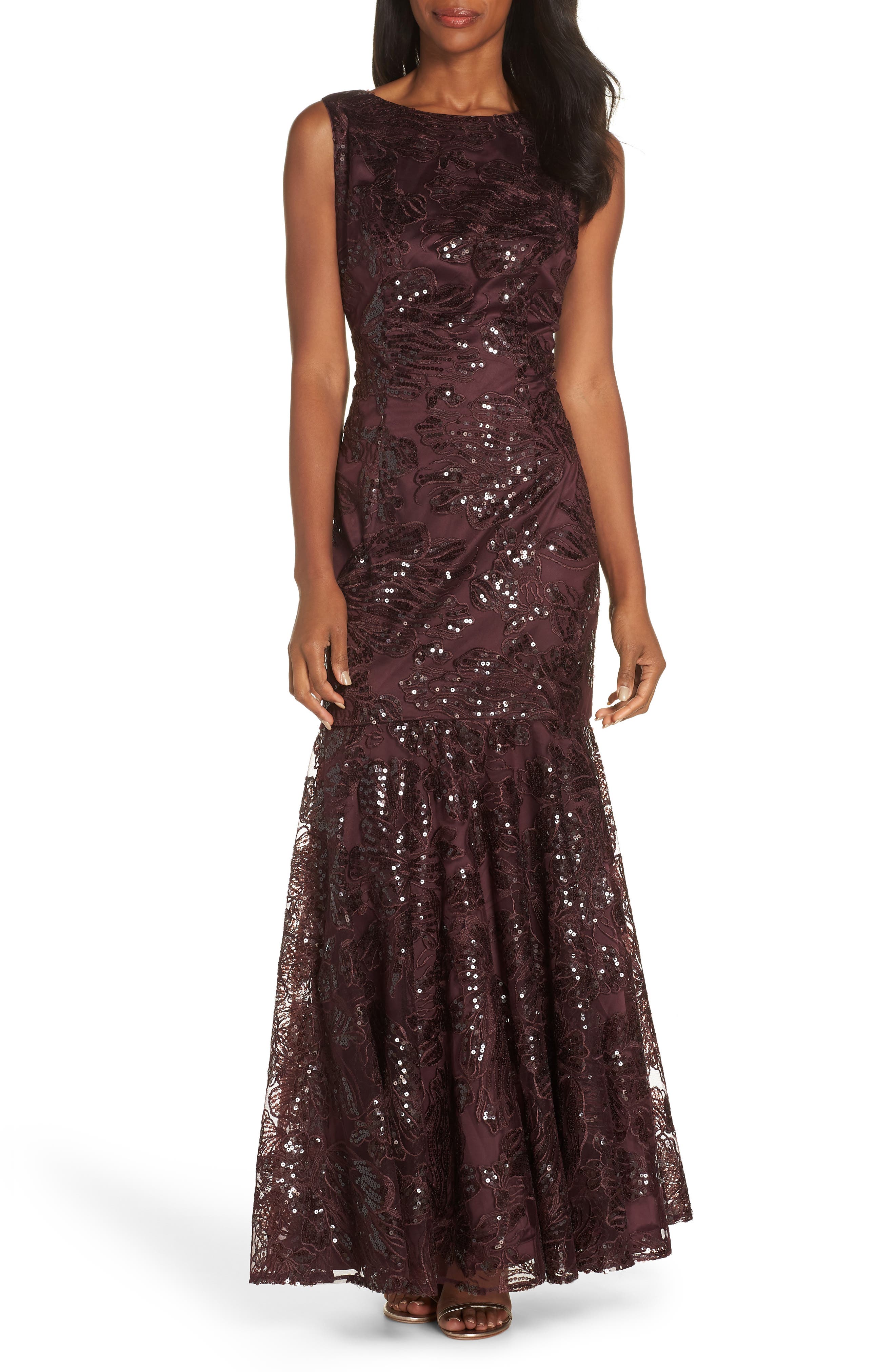 Vince Camuto Embroidered Sequin Gown, Burgundy