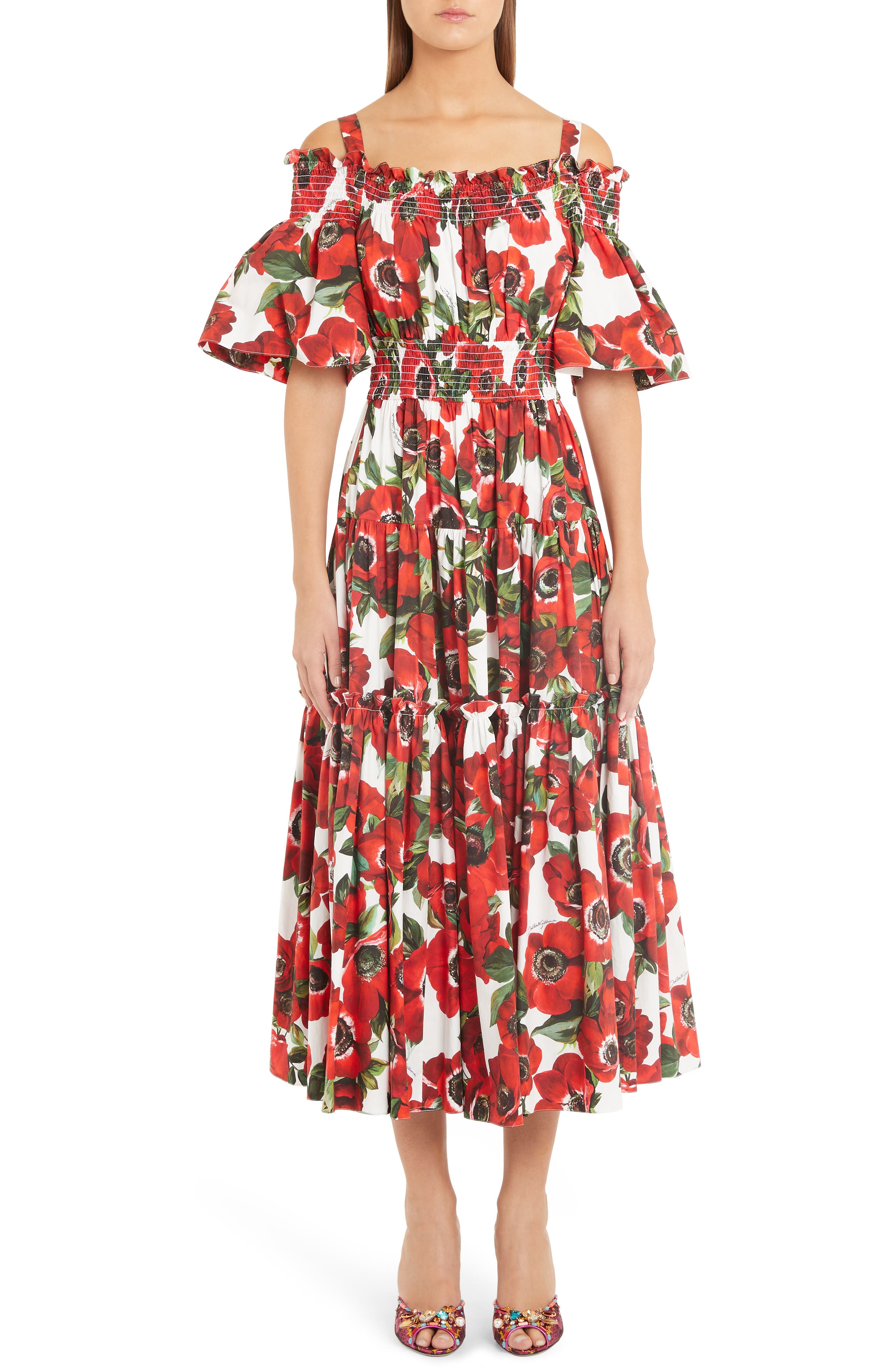 Dolce & gabbana Poppy Print Tiered Cotton Poplin A-Line Dress, US / 44 IT - Red