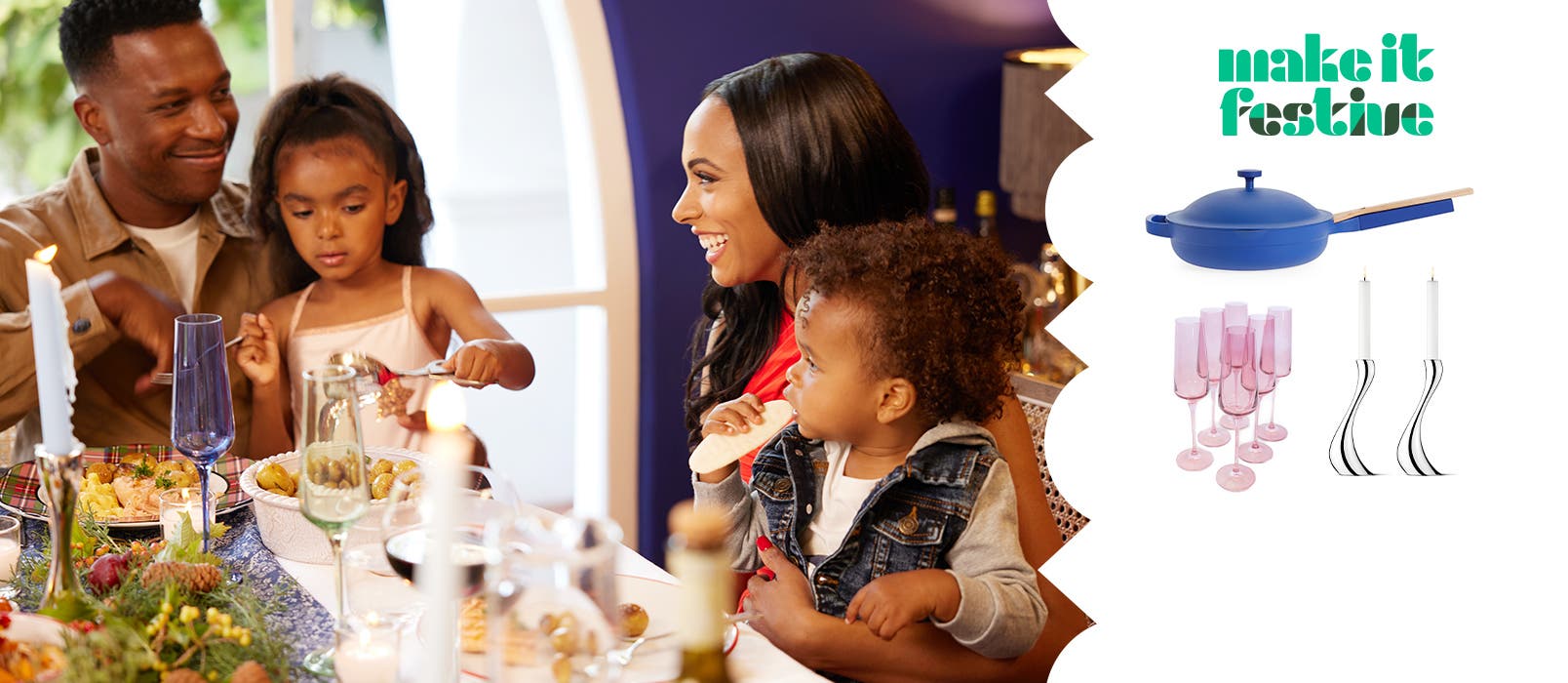 Performer Leslie Odom Jr., his wife and their two small children sitting around a festive dining table; an assortment of holiday decor items.