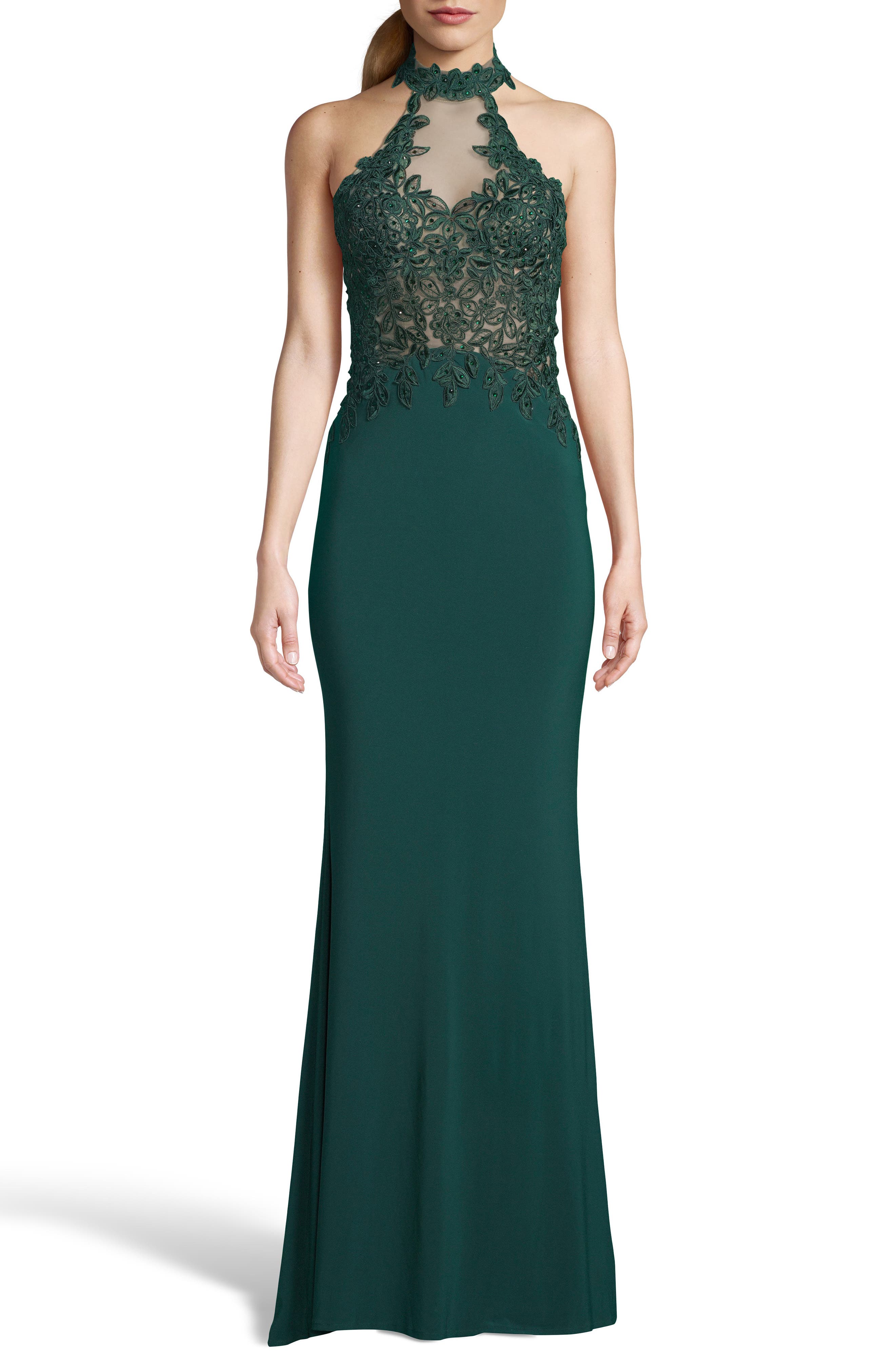 Xscape Embroidered High Neck Illusion Maxi Dress, Green