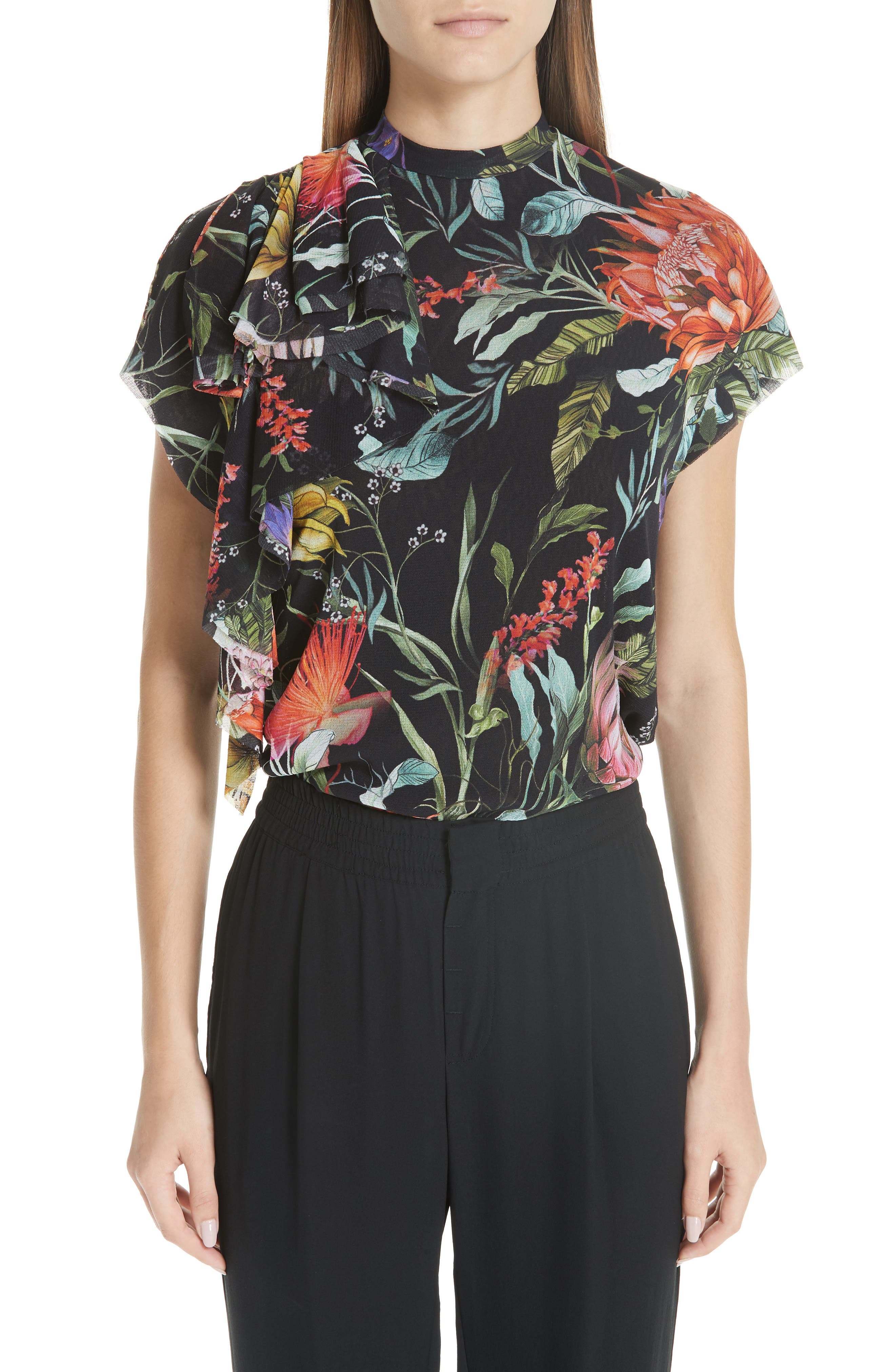 Fuzzi Floral Ruffle Tulle Top, Black