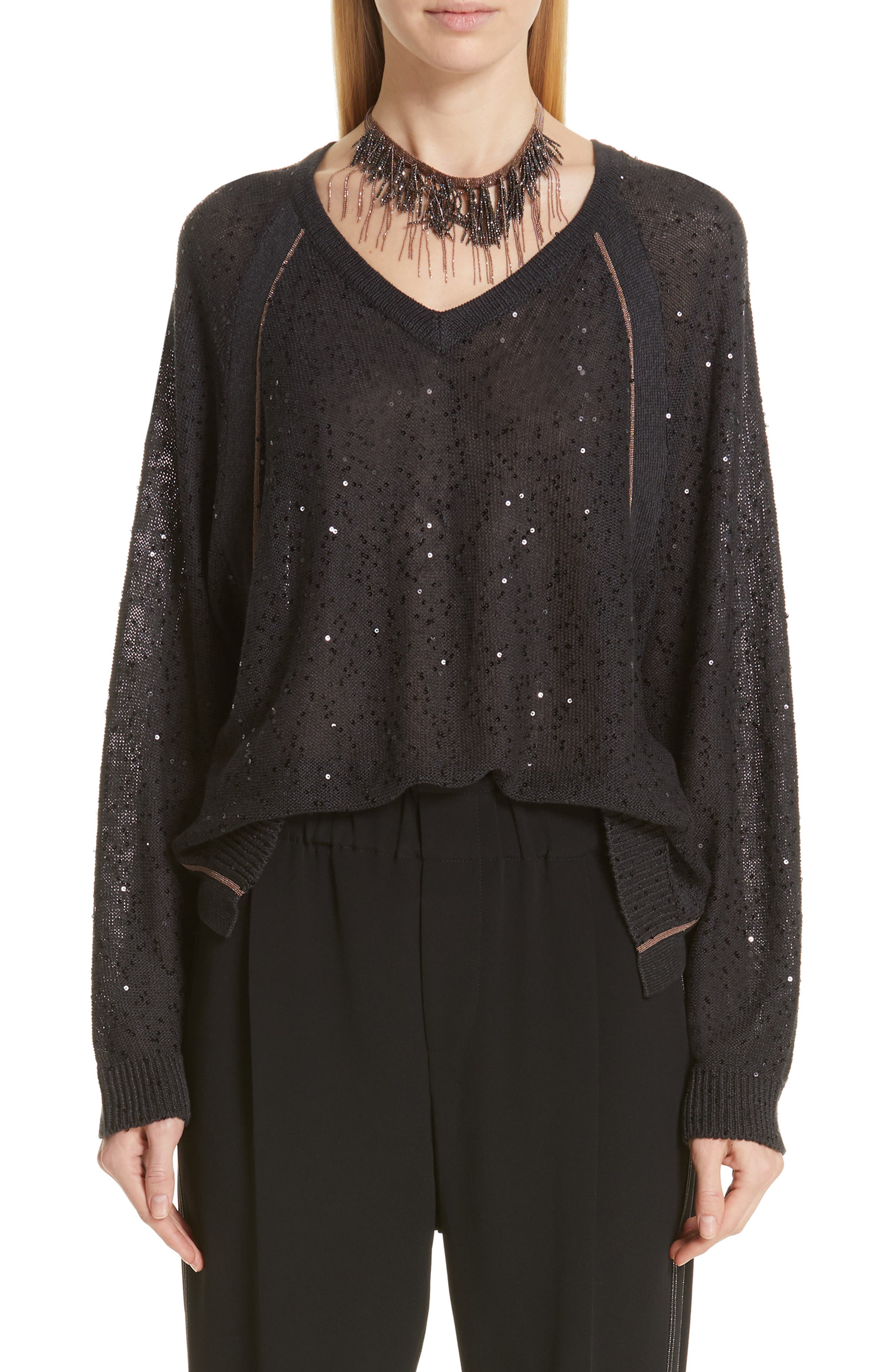 Brunello Cucinelli Sequin & Monili Embellished Linen & Silk Sweater, Black
