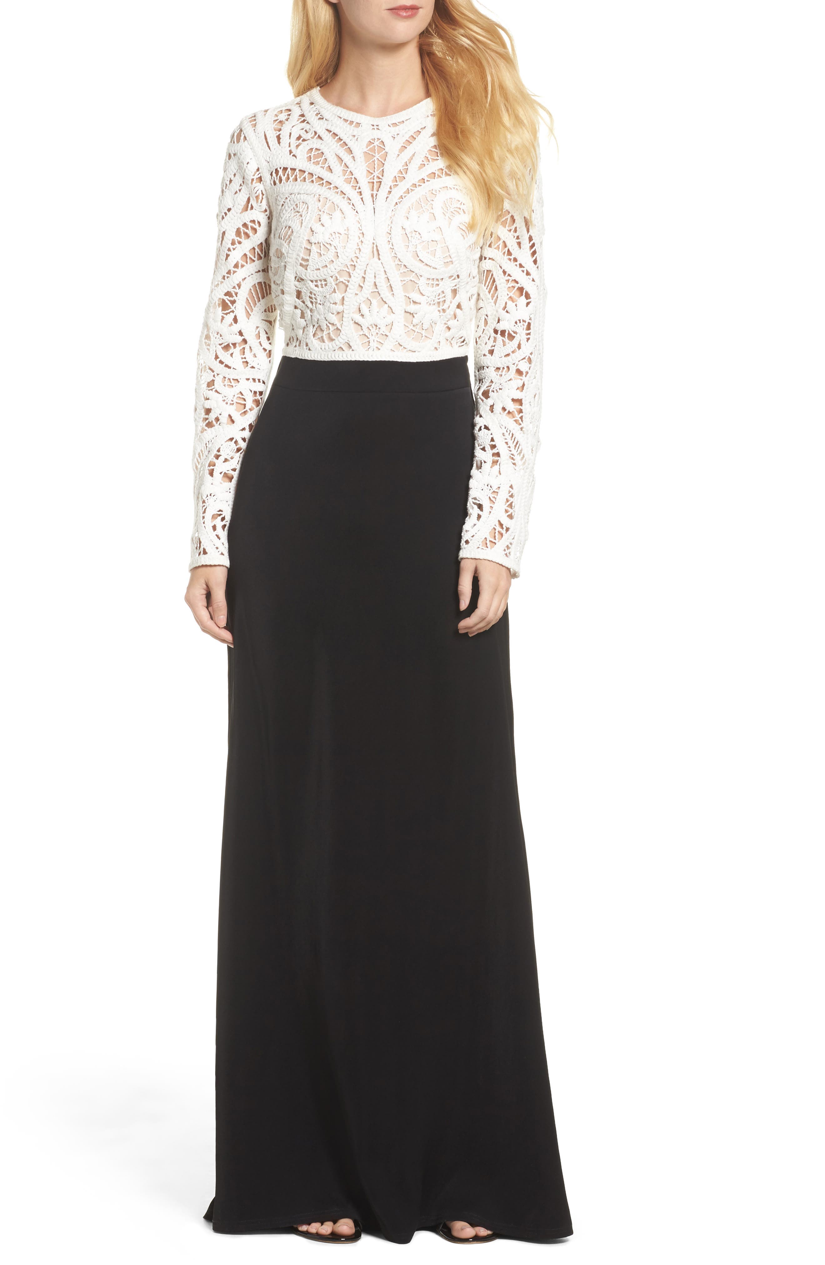 Tadashi Shoji Crochet Lace & Crepe Gown, Black