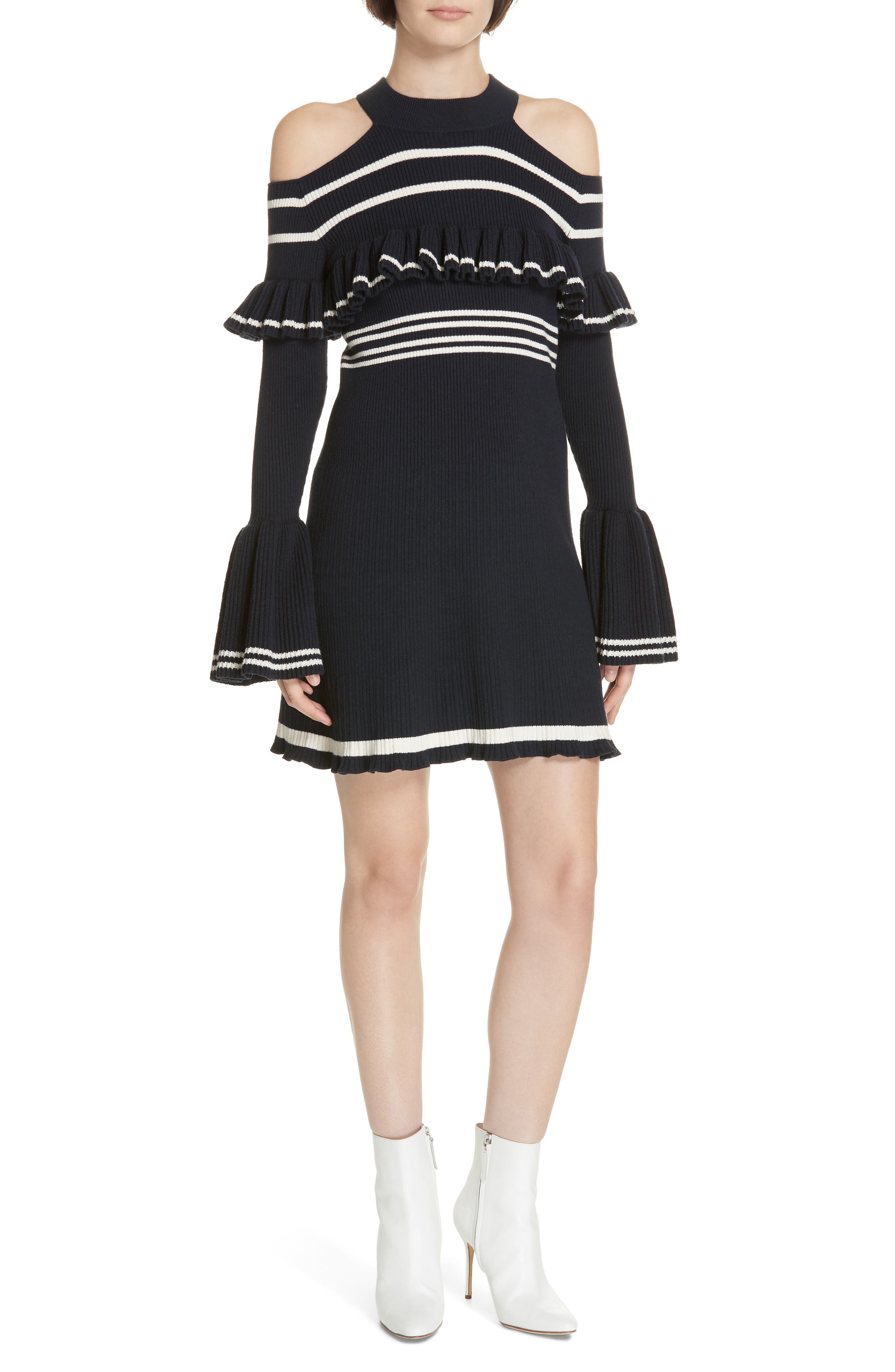 Self-Portrait Stripe Ruffle Trim Knit Minidress, Blue