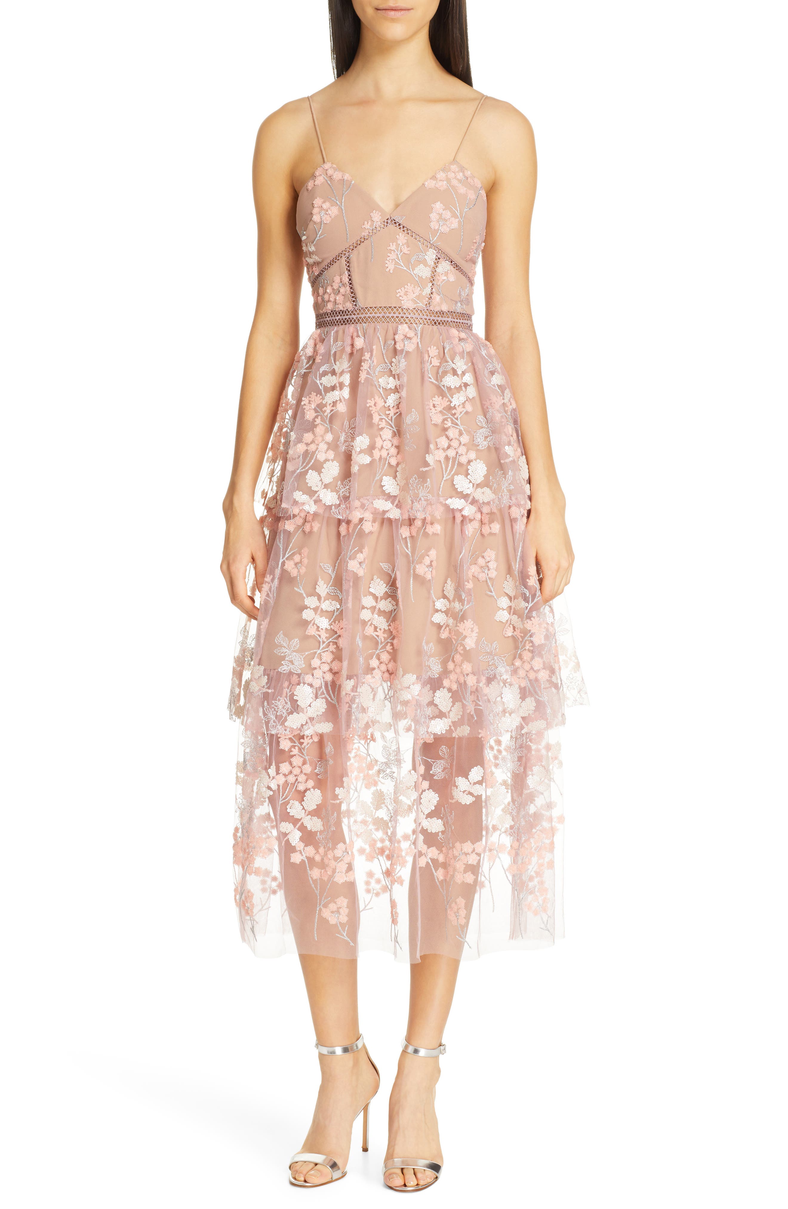 Self-Portrait Embellished Floral Midi Dress, Pink