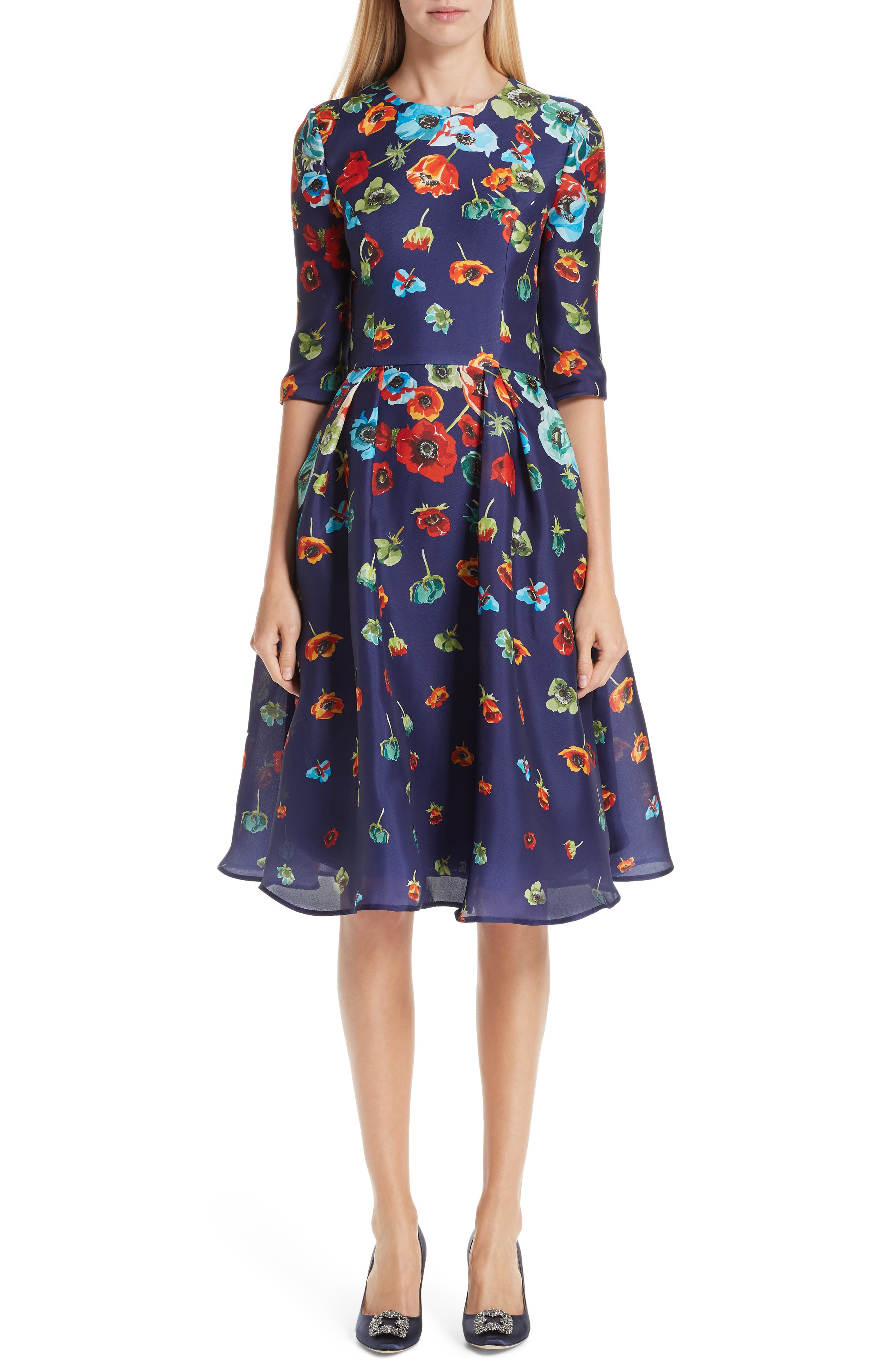Carolina Herrera Floral Silk Cocktail Dress, Blue