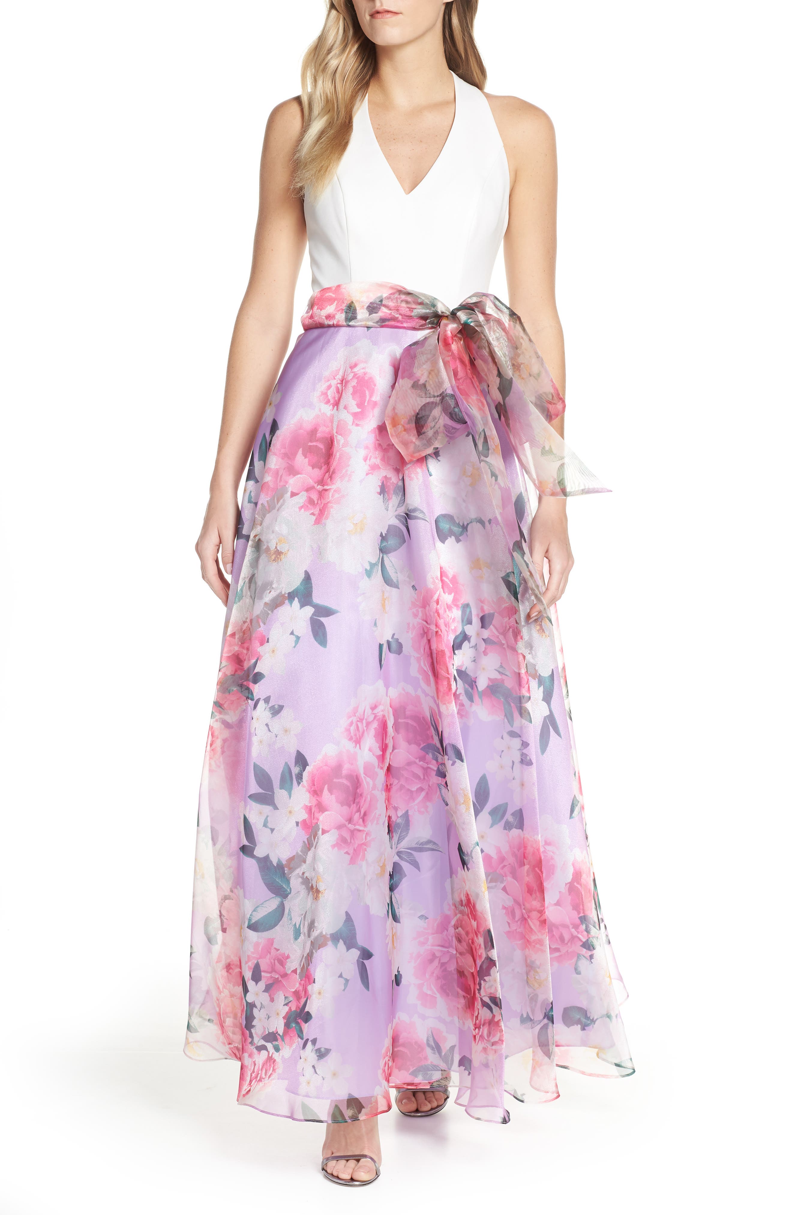 Eliza J Floral Chiffon Skirt Ballgown, Purple