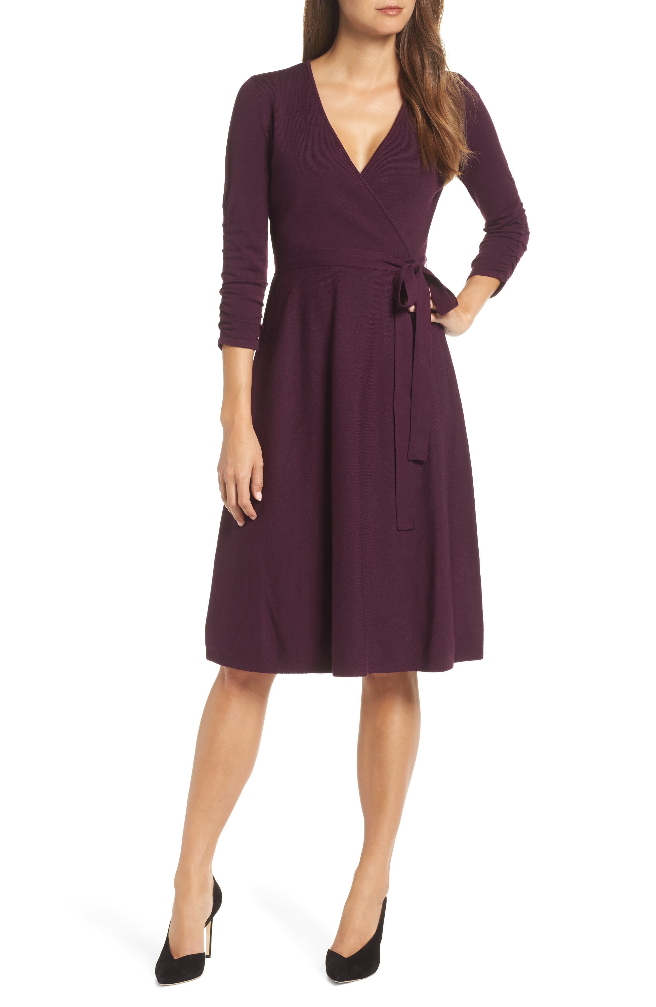 Eliza J Faux Wrap Sweater Dress, Burgundy