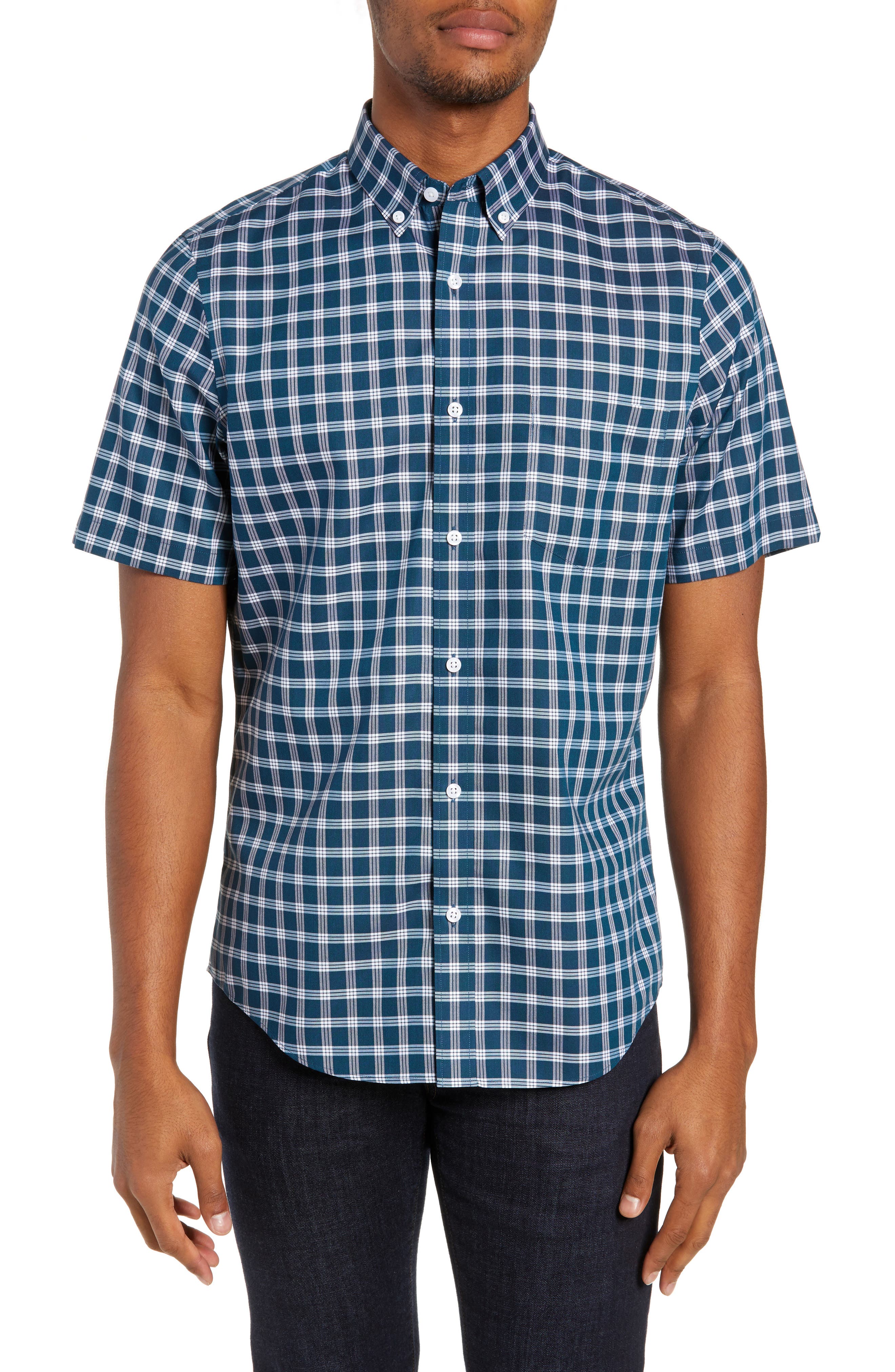 Nordstrom Shop Smartcare(TM) Slim Fit Check Sport Shirt, Blue/green