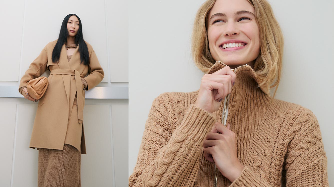 A woman wearing a tan wrap coat. A woman wearing a tan zip-front sweater.