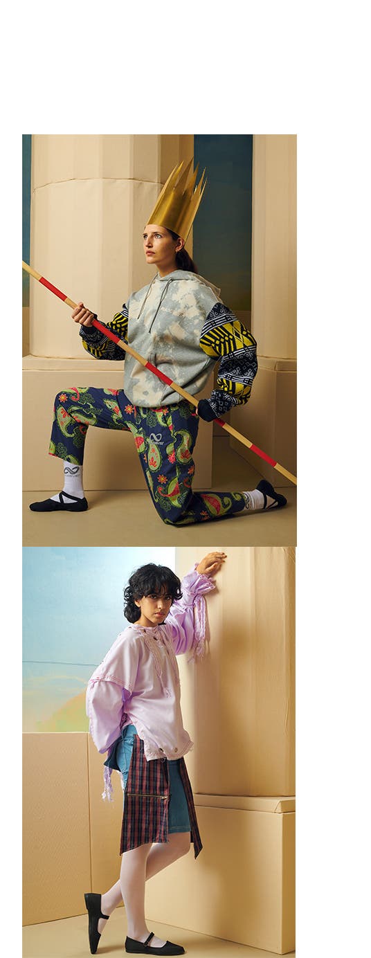 Model wearing a mixed-media hoodie, colorful printed pants, ballet-style shoes and a gold crown. Model wearing a frayed lavender blouse and denim shorts with flannel panels.
