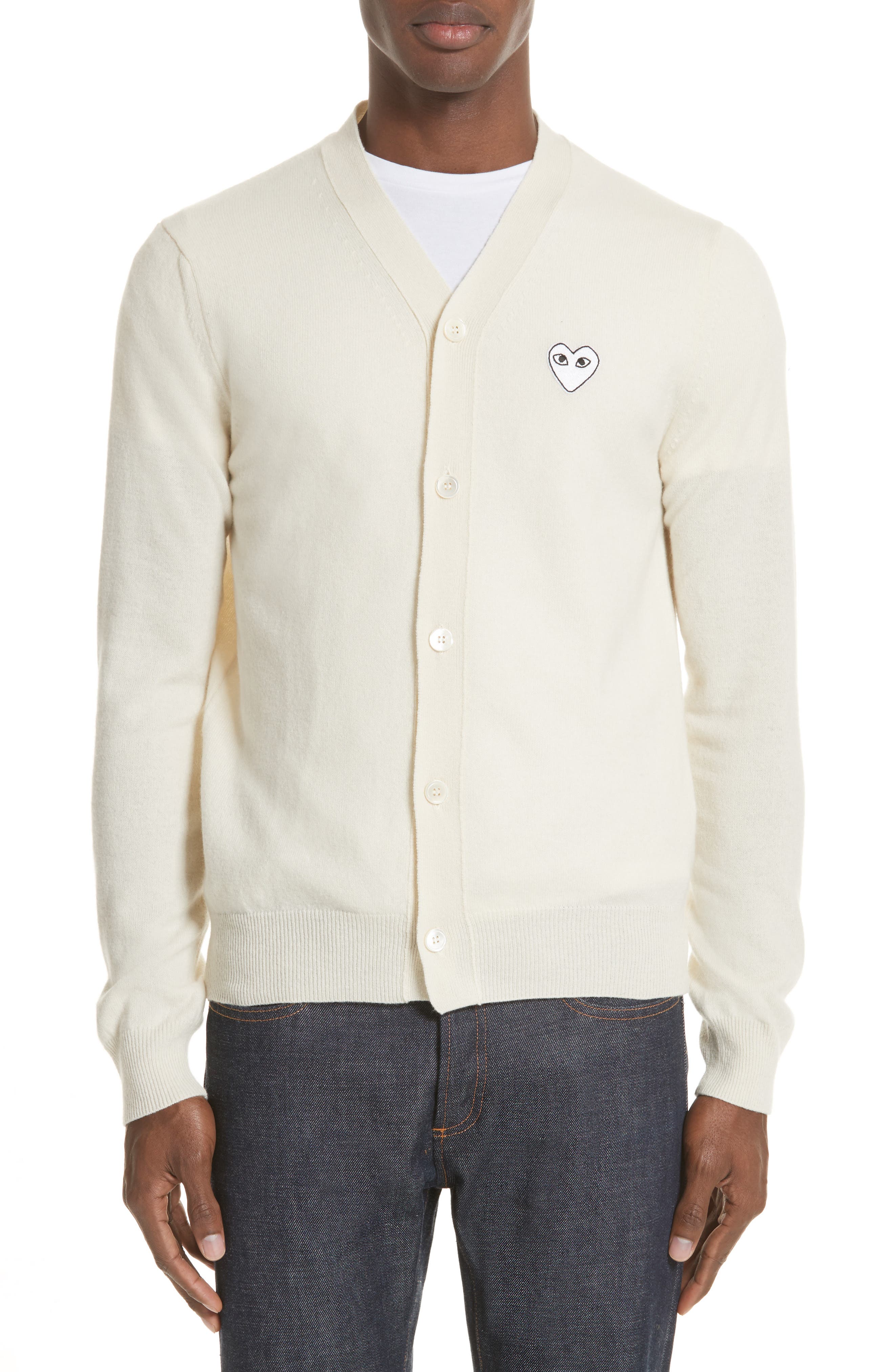 Comme Des Garcons Play White Heart Wool Cardigan