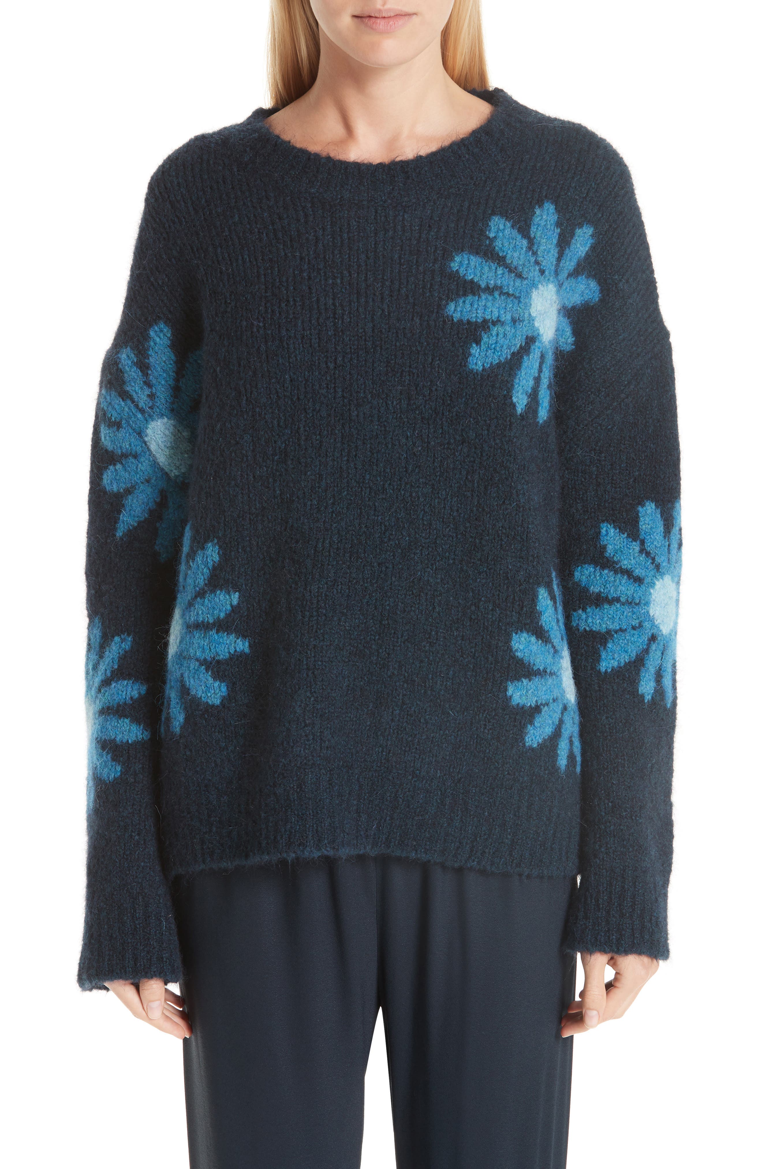 Mansur Gavriel Floral Alpaca & Wool Blend Sweater, Blue