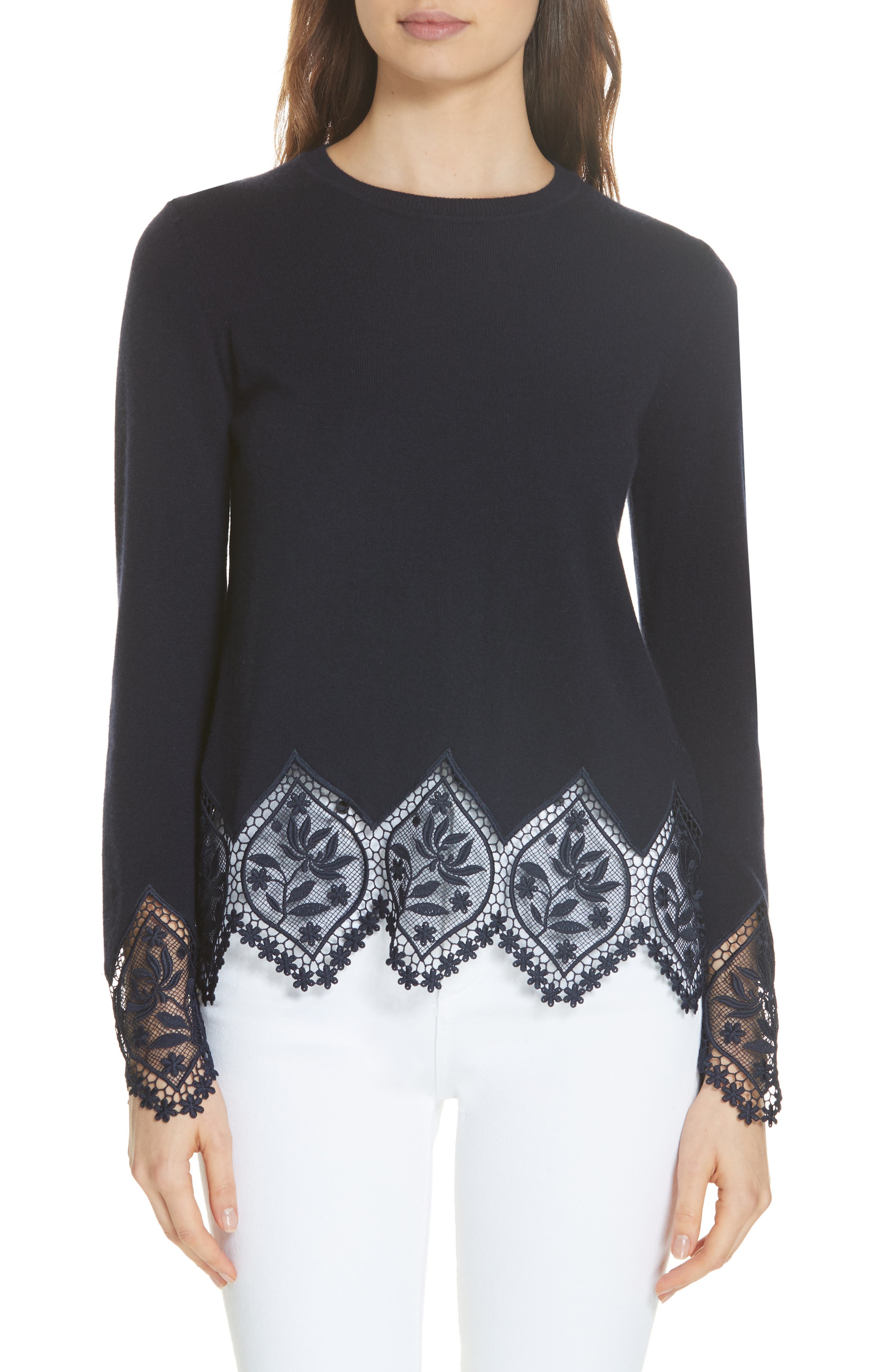 Ted Baker London Aylex Lace Detail Wool Cashmere Blend Sweater, Blue