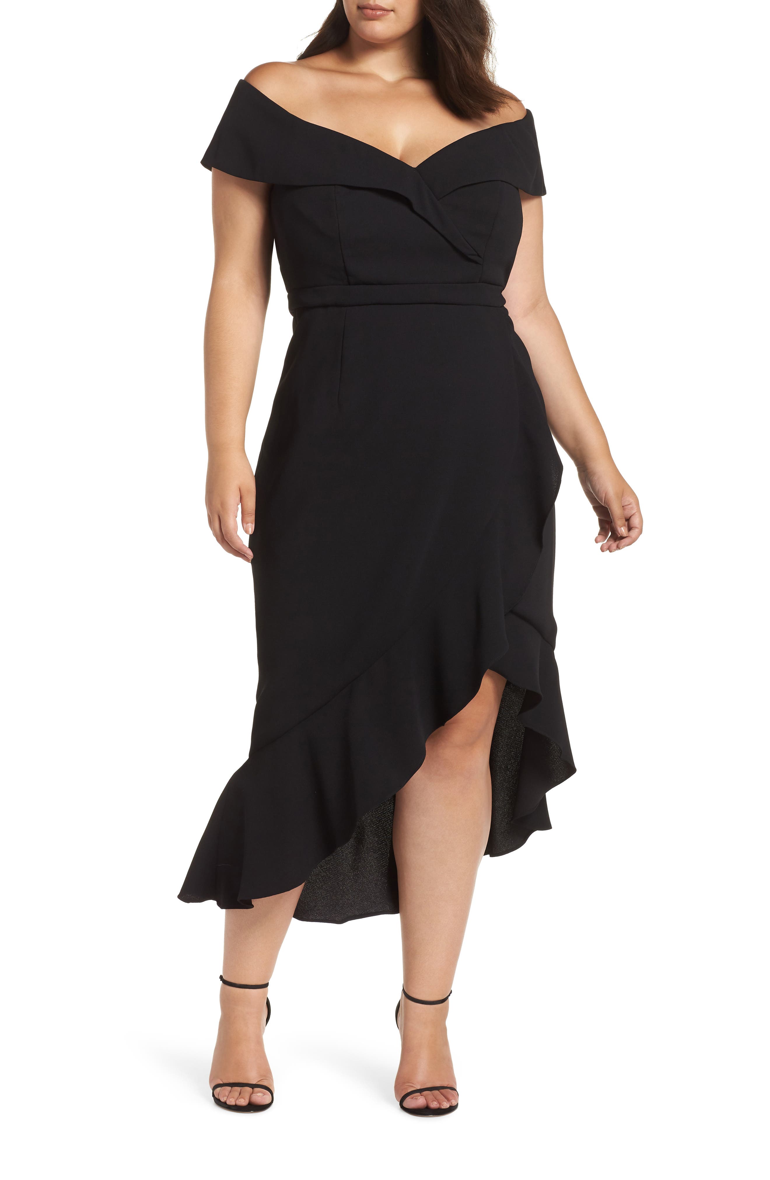 Plus Size Xscape Off The Shoulder Ruffle Midi Dress, Black