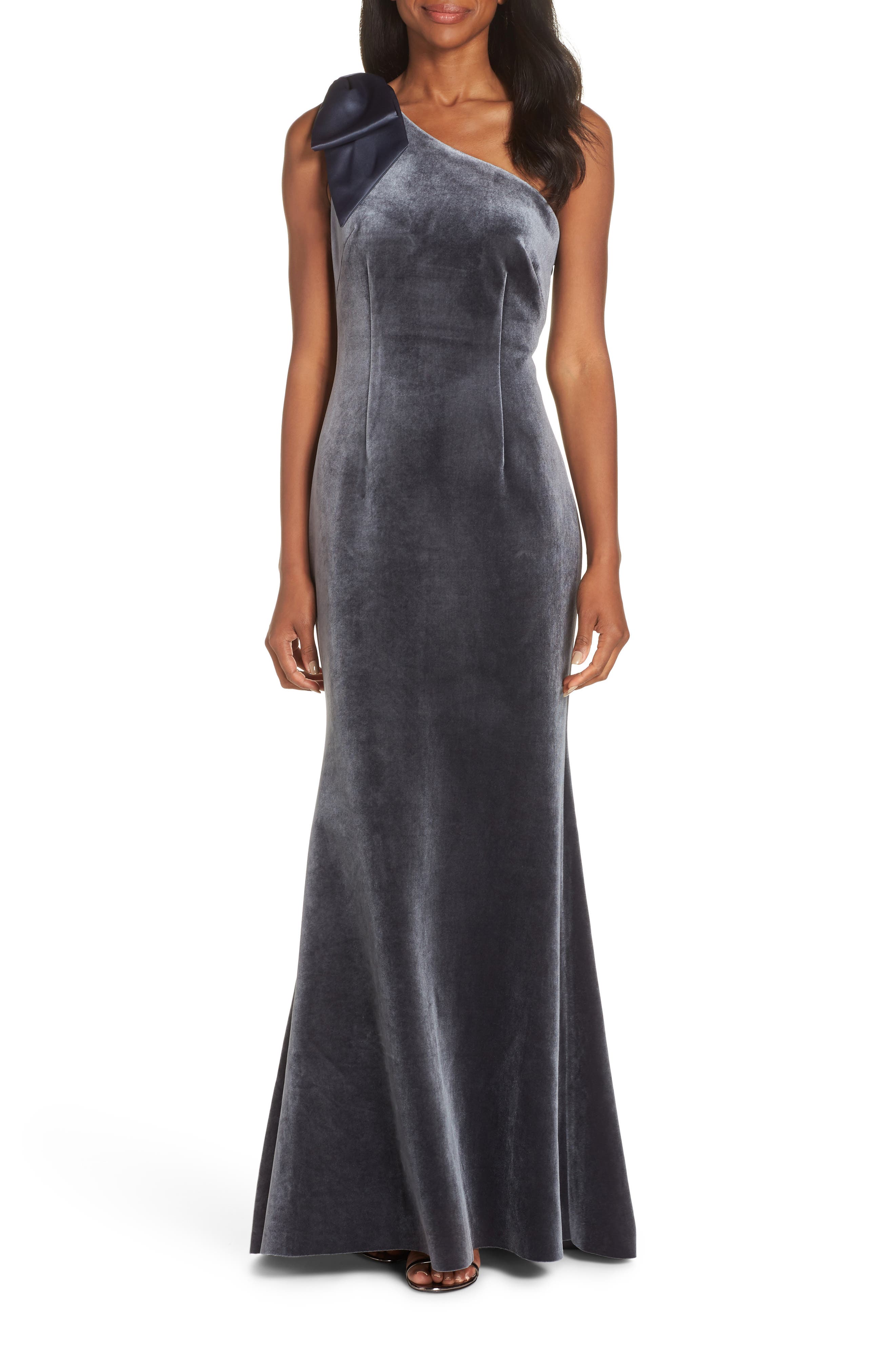 Eliza J Bow One-Shoulder Velvet Gown, Grey