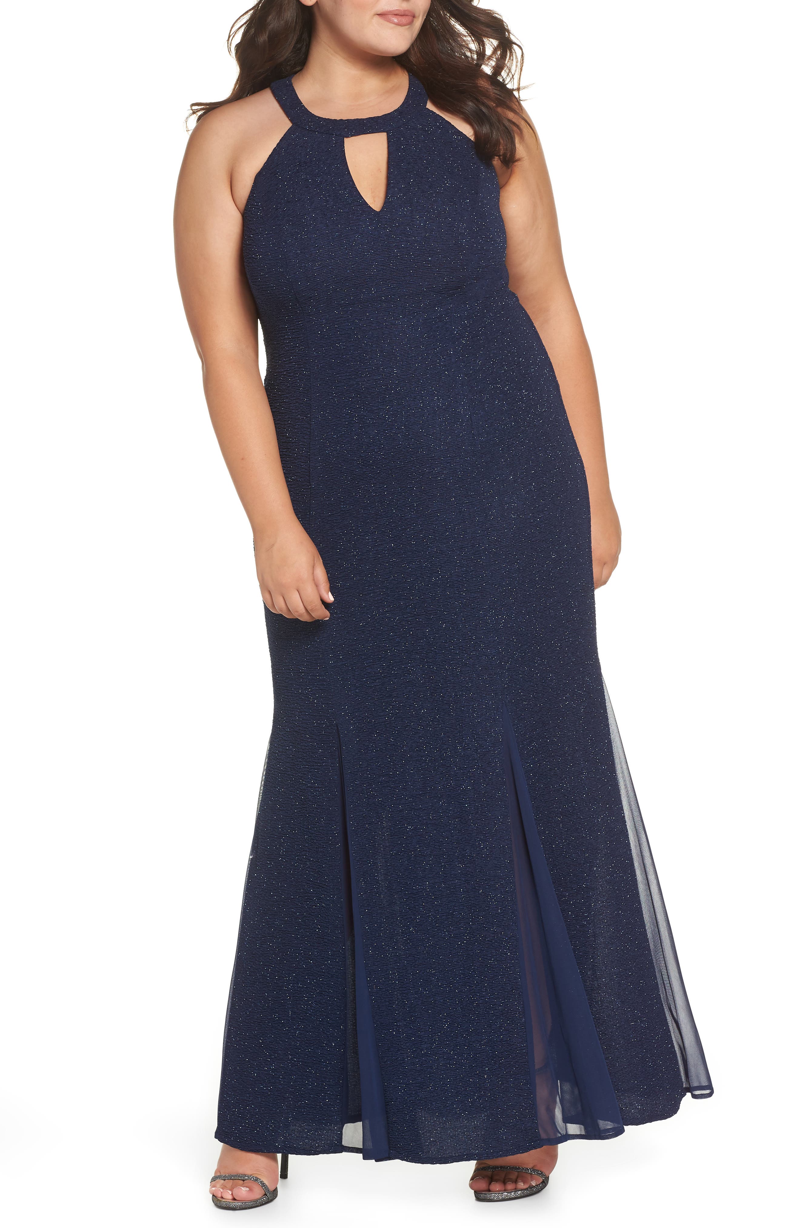 Plus Size Morgan & Co. Keyhole Glitter Knit Trumpet Gown, Blue