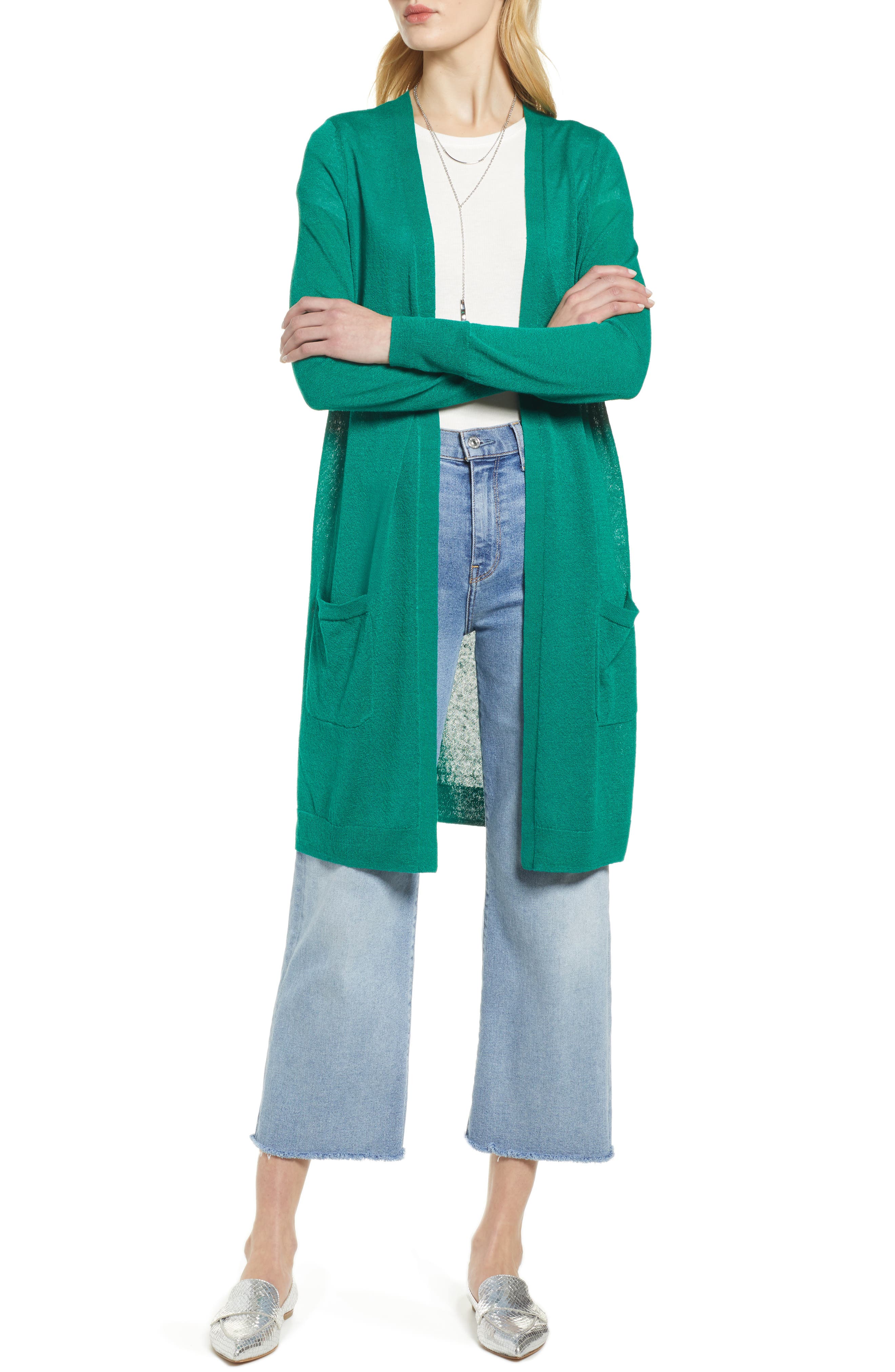 Petite Halogen Long Linen Blend Cardigan, Green