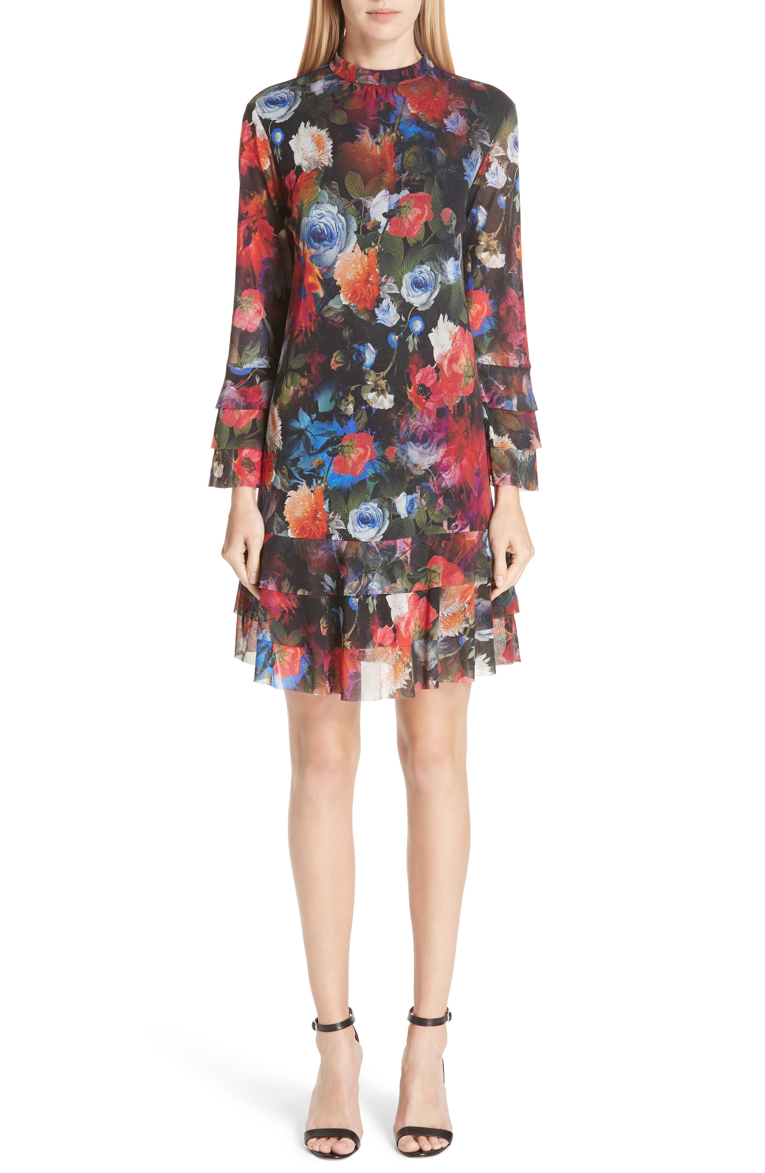 Fuzzi Mock Neck Floral Tulle Dress
