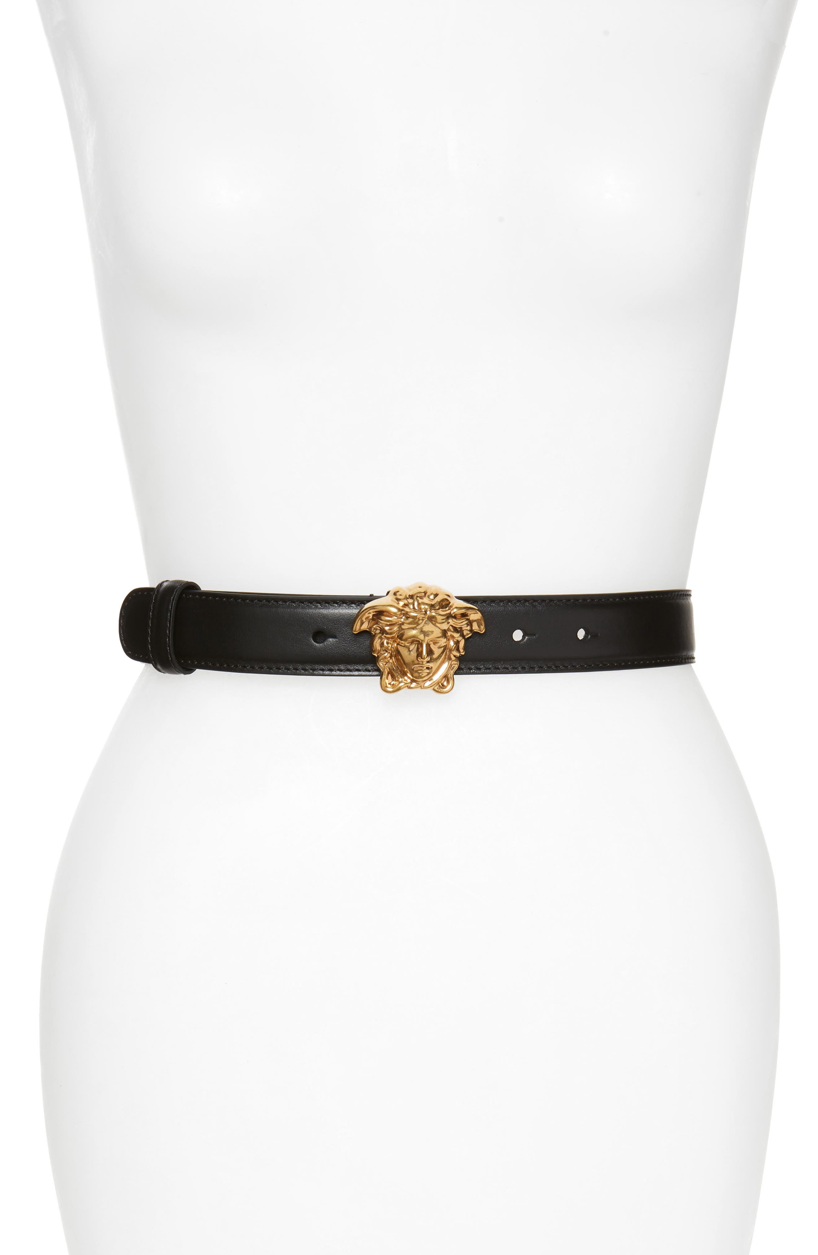Versace First Line Medusa Calfskin Leather Belt, Nero/ Gold Tribute