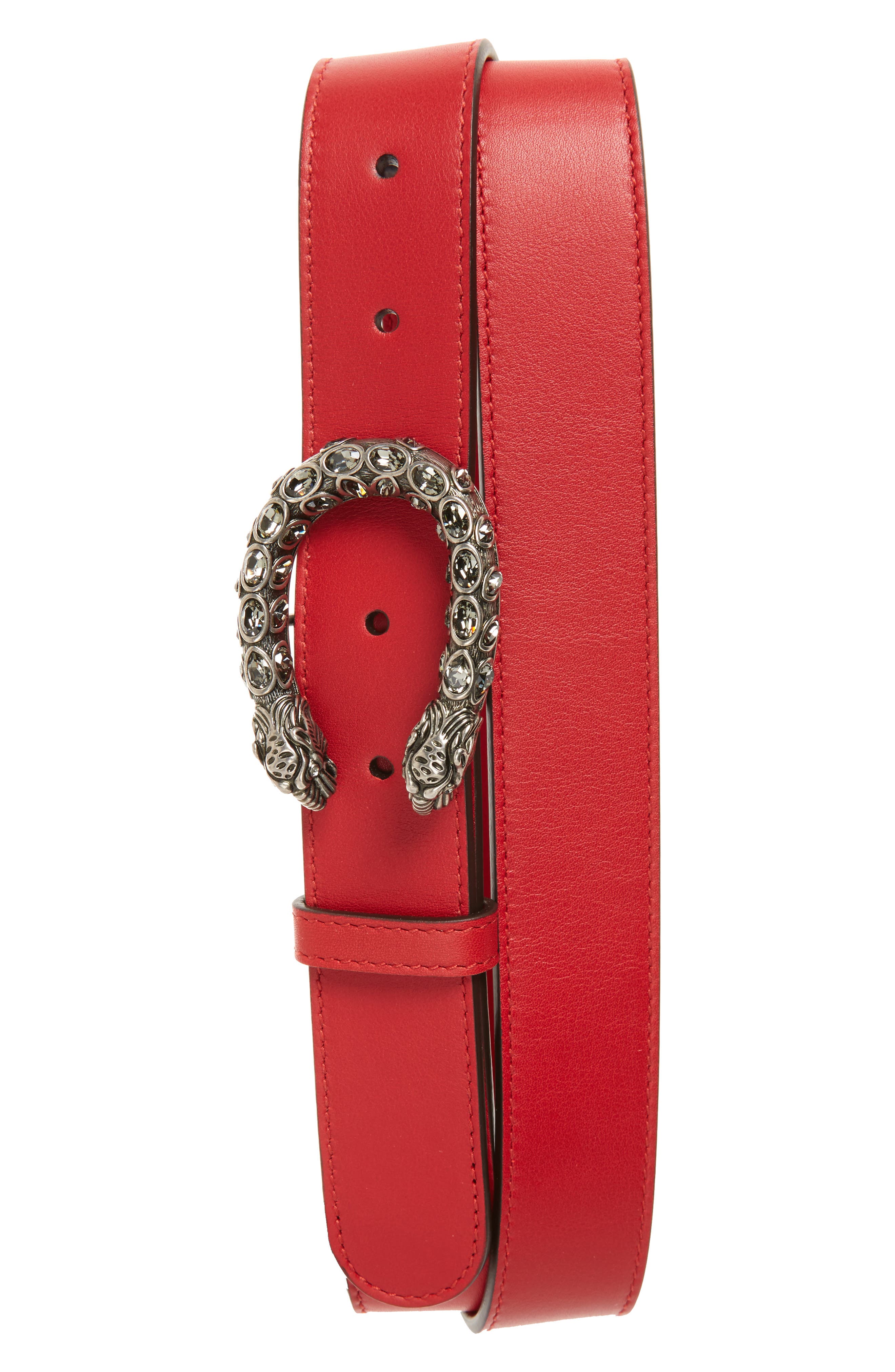 Gucci Leather Belt, Hibiscus Red/black Diamond