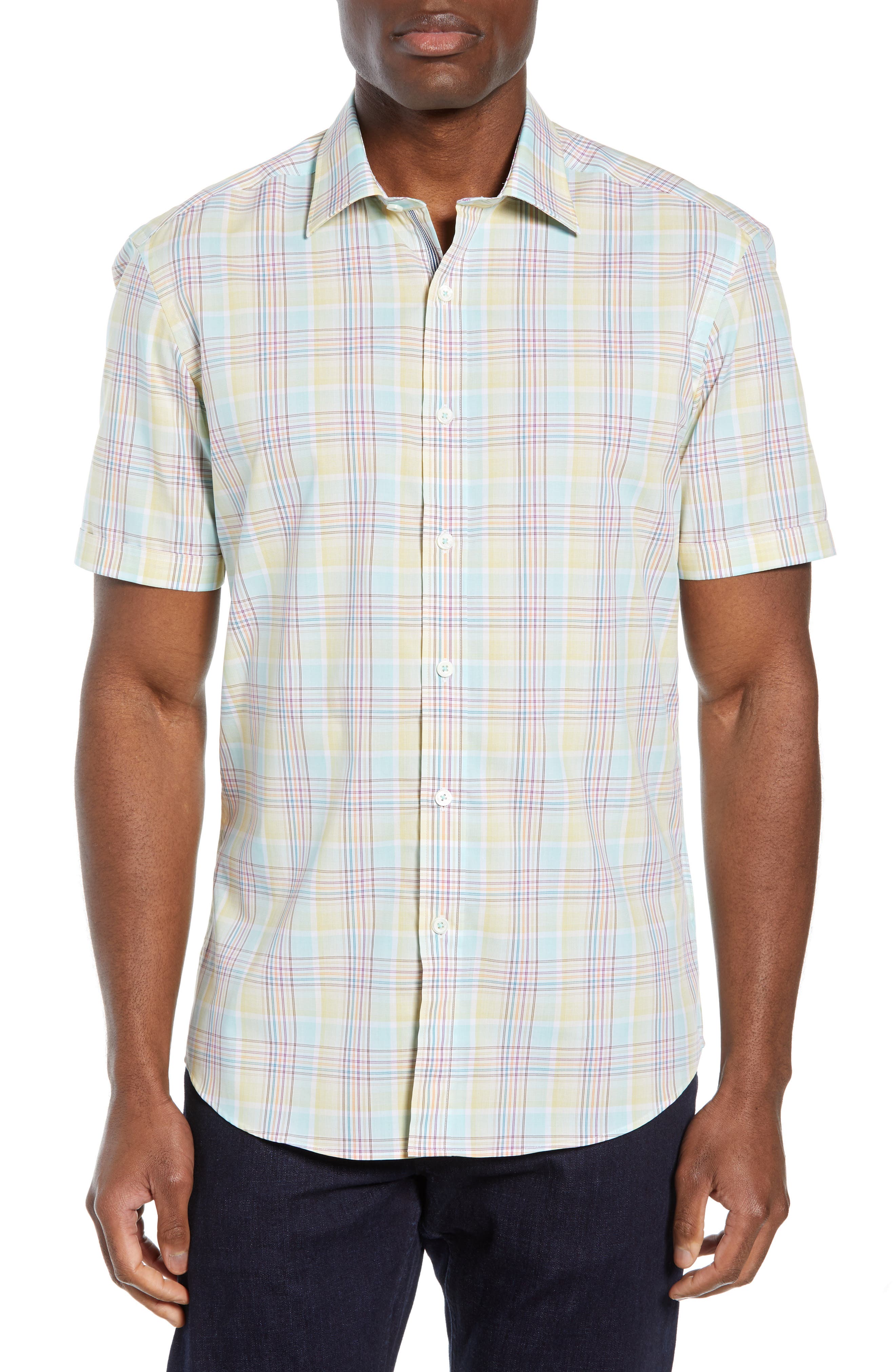 Bugatchi Shaped Fit Plaid Sport Shirt, Yellow