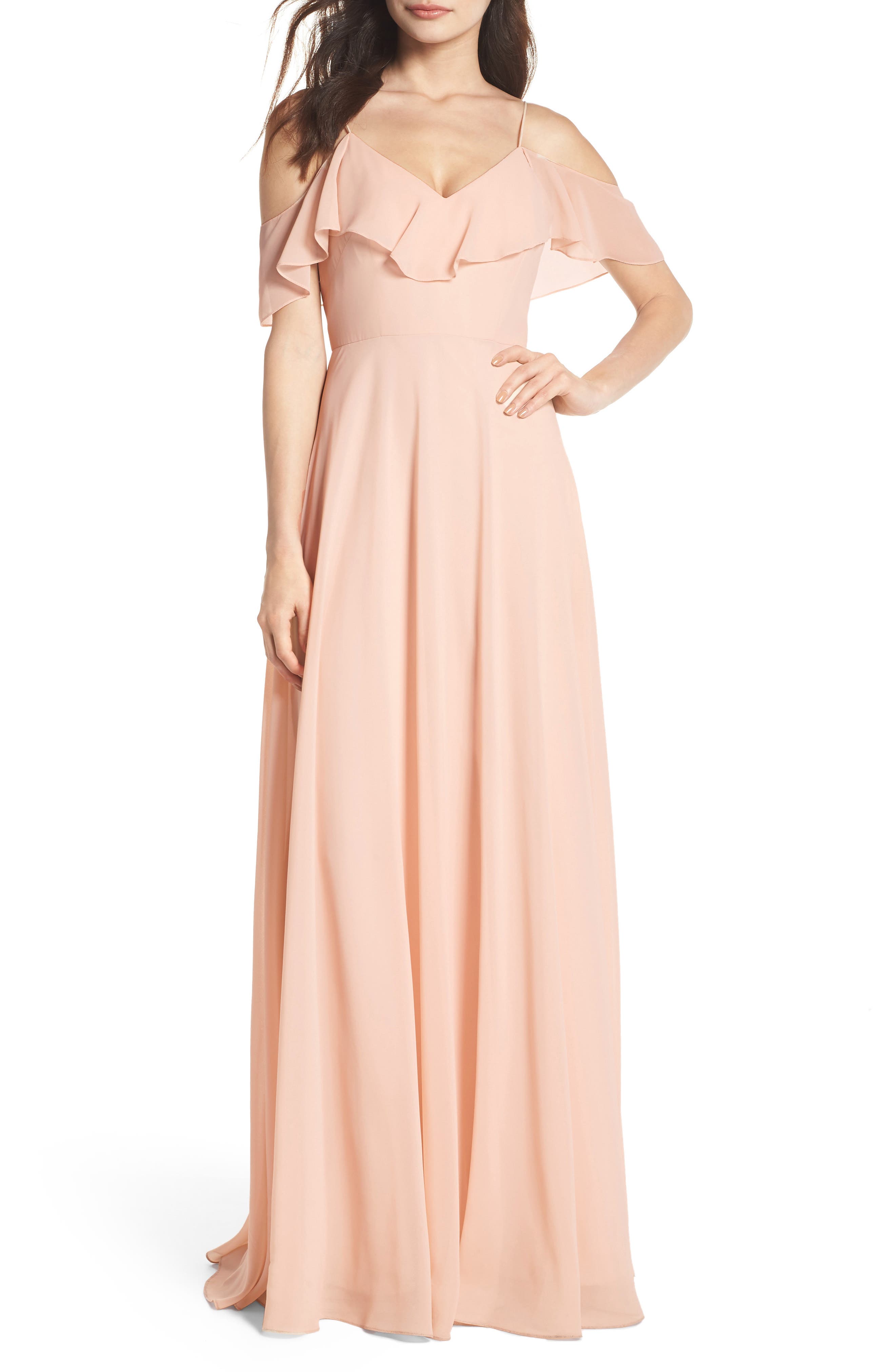 Jenny Yoo Cold Shoulder Chiffon Gown, Pink
