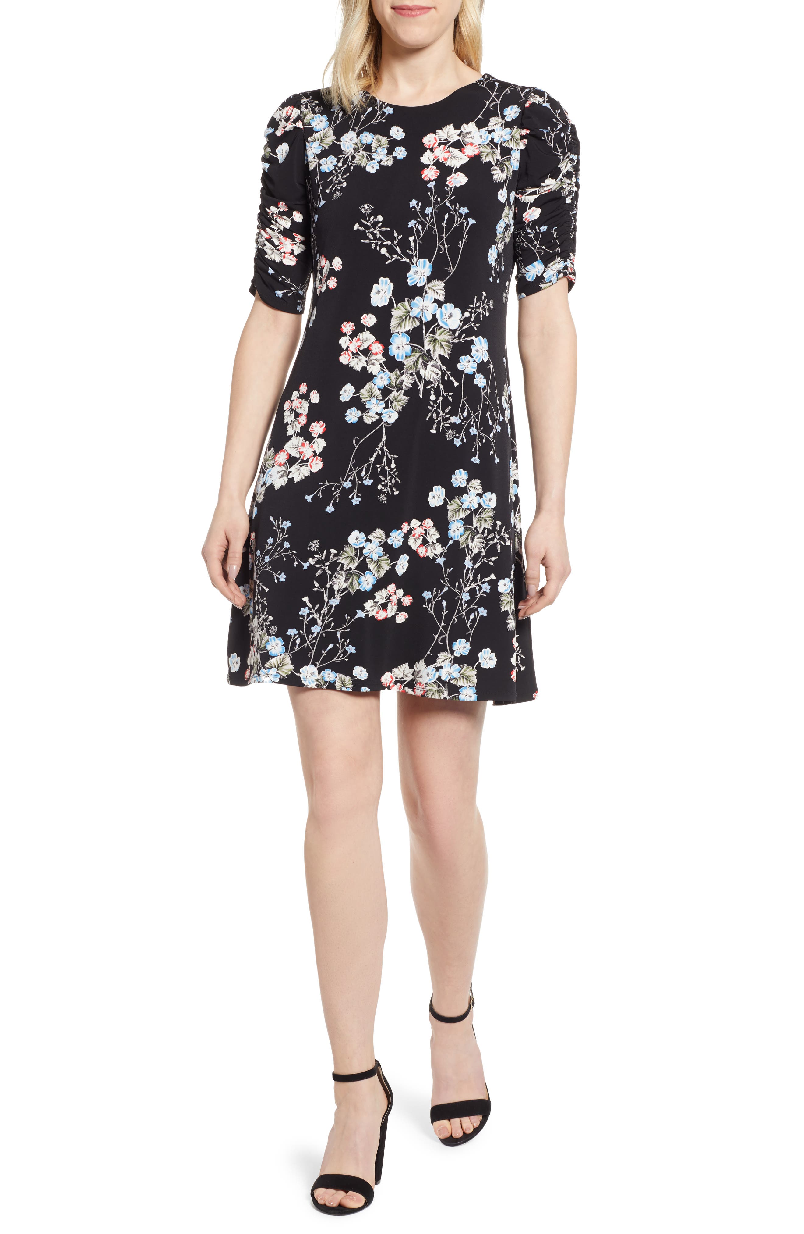 Cece Ruffle Sleeve Floral Dress, Black