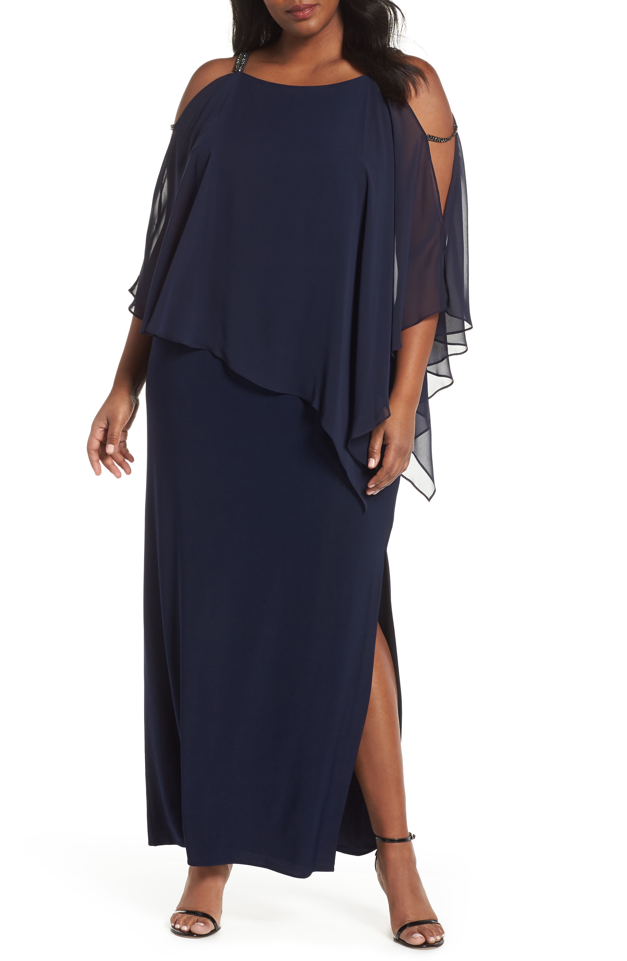 Plus Size Xscape Chiffon Overlay Split Sleeve Gown, Blue
