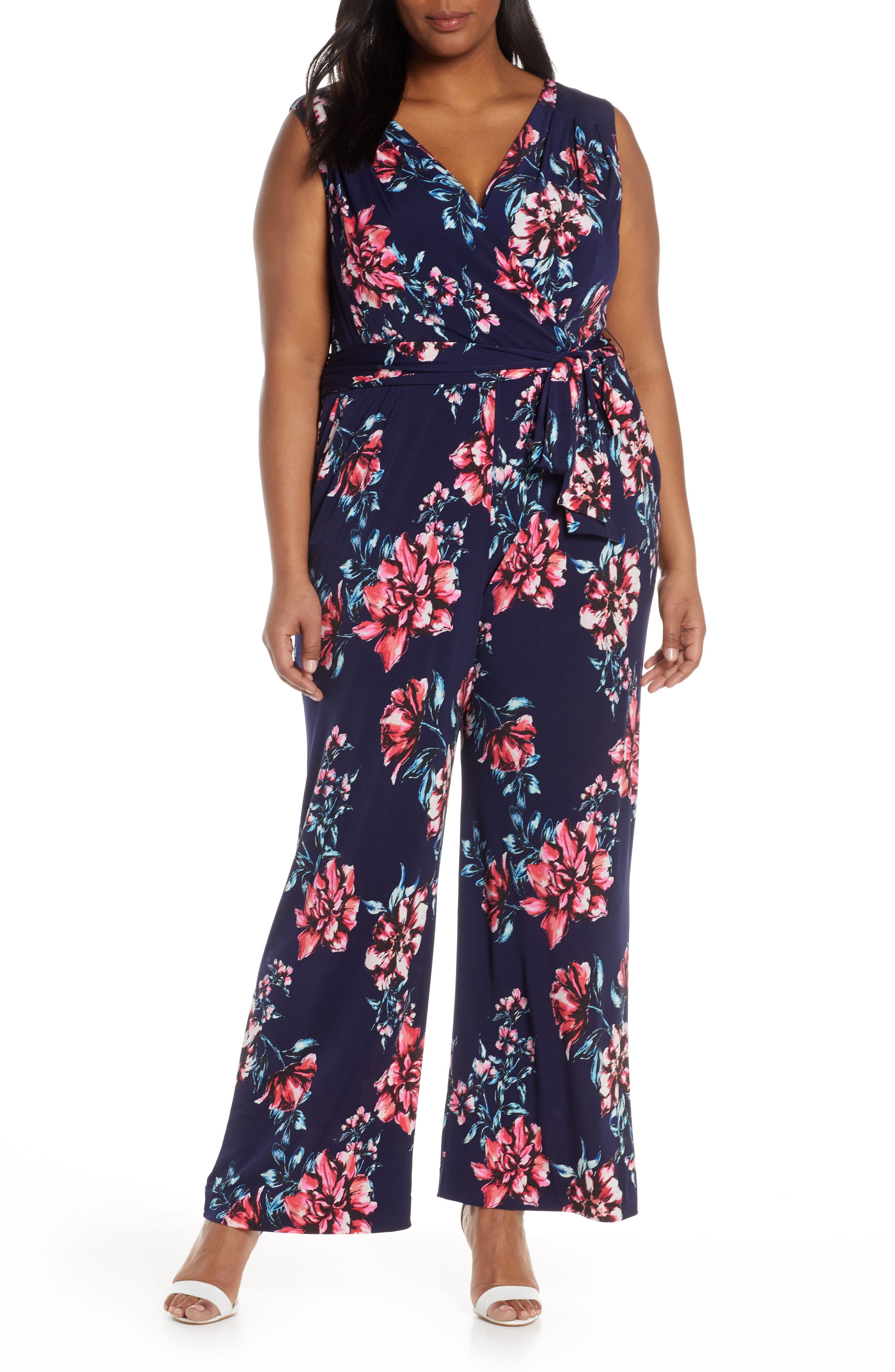 Plus Size Tahari Floral Print Sleeveless Stretch Jersey Jumpsuit, Blue