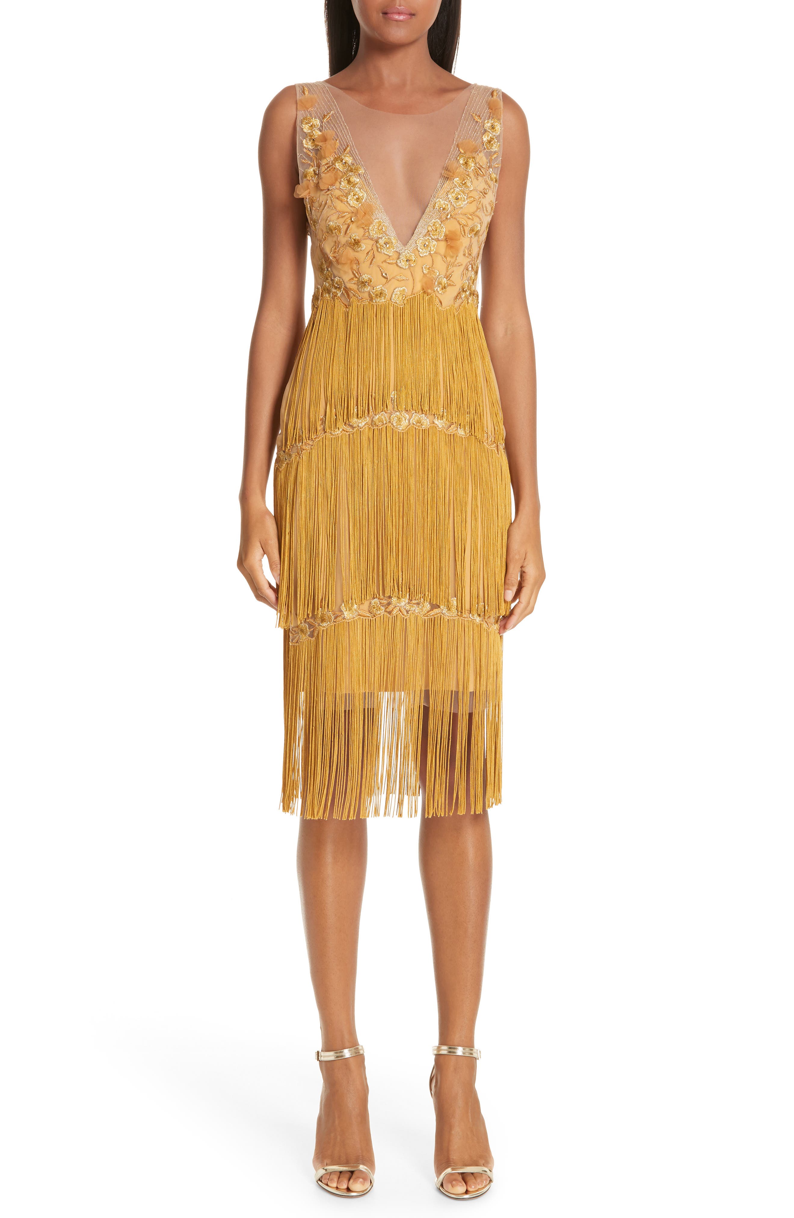 Marchesa Notte Embellished Tiered Fringe Dress, Metallic
